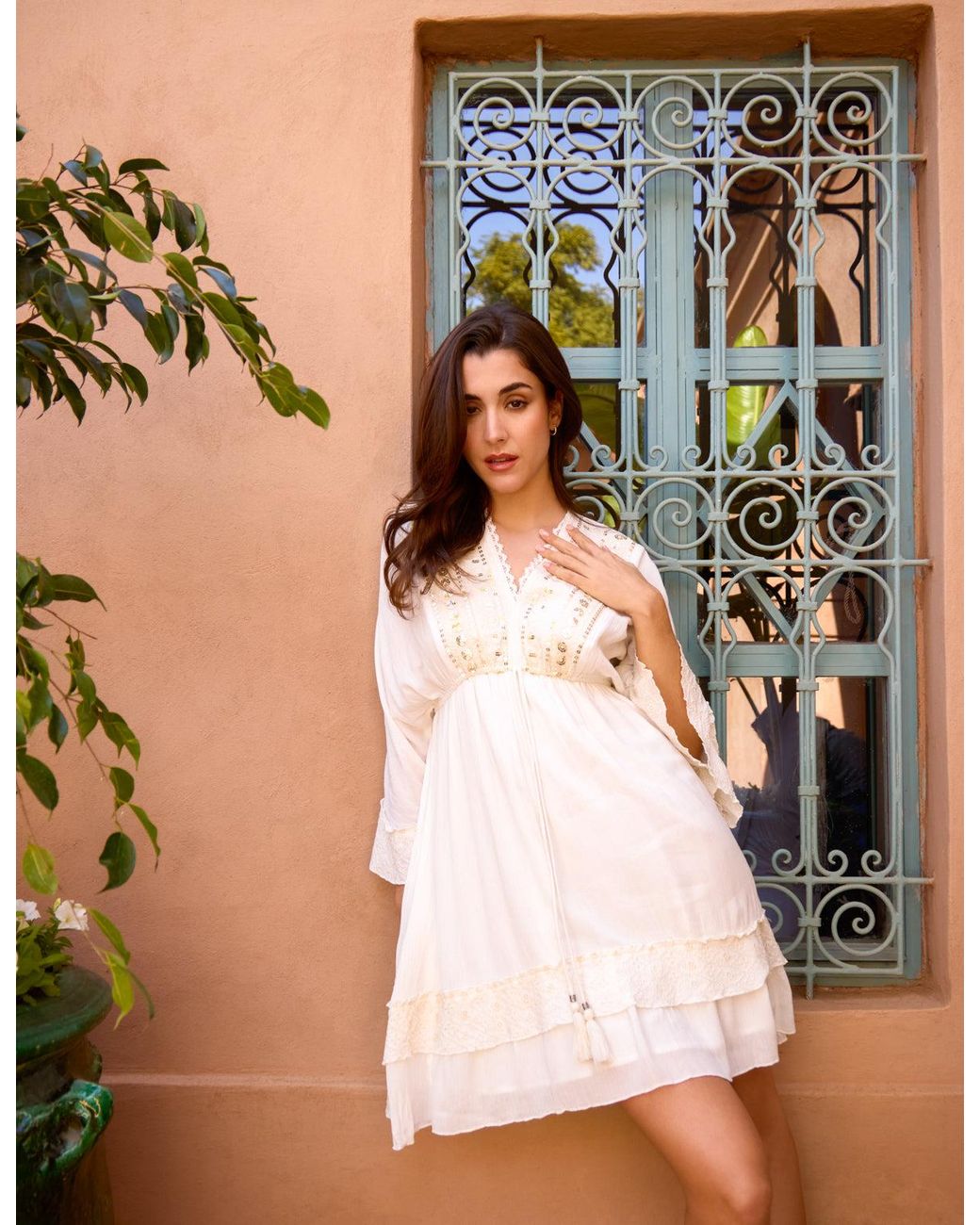 Blue Vanilla Brown Embellished Kimono Sleeve Mini Dress
