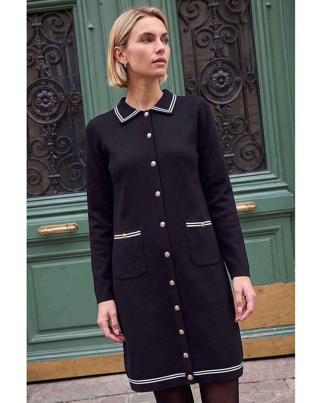 Roman Blue Collared Contrast Trim Knit Dress
