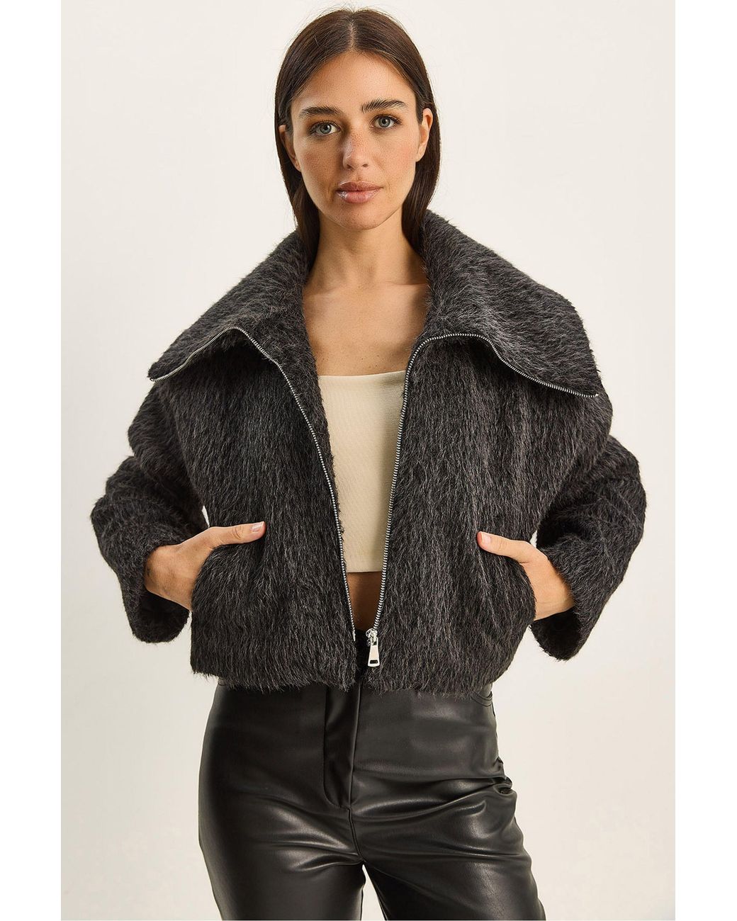 Bianco Lucci Black Textured Plush Bomber With Zipper Closure