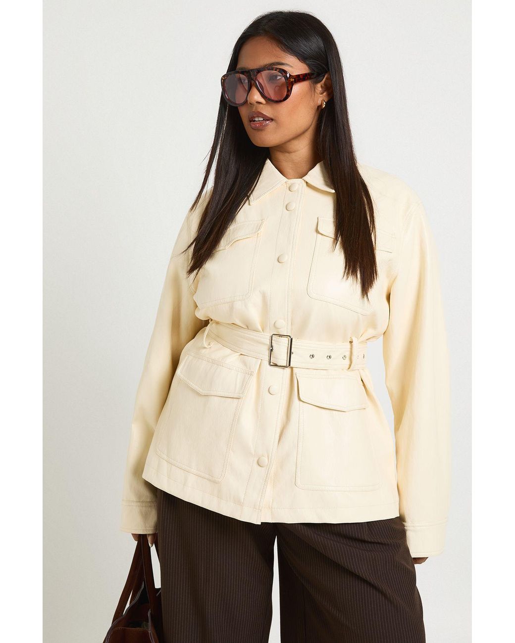 Boohoo Natural Plus Faux Leather Belted Utility Pocket Shacket