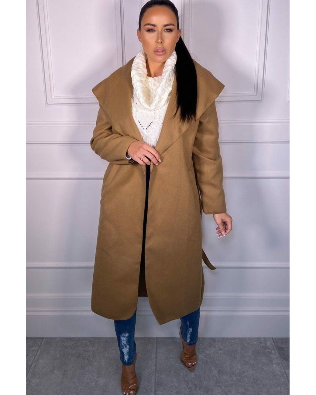 Femme Luxe Brown Waterfall Duster Belted Long Coat