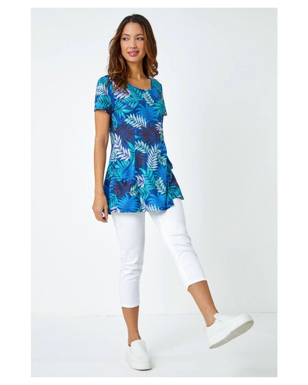 Roman Blue Palm Print Pocket Tunic Stretch Top