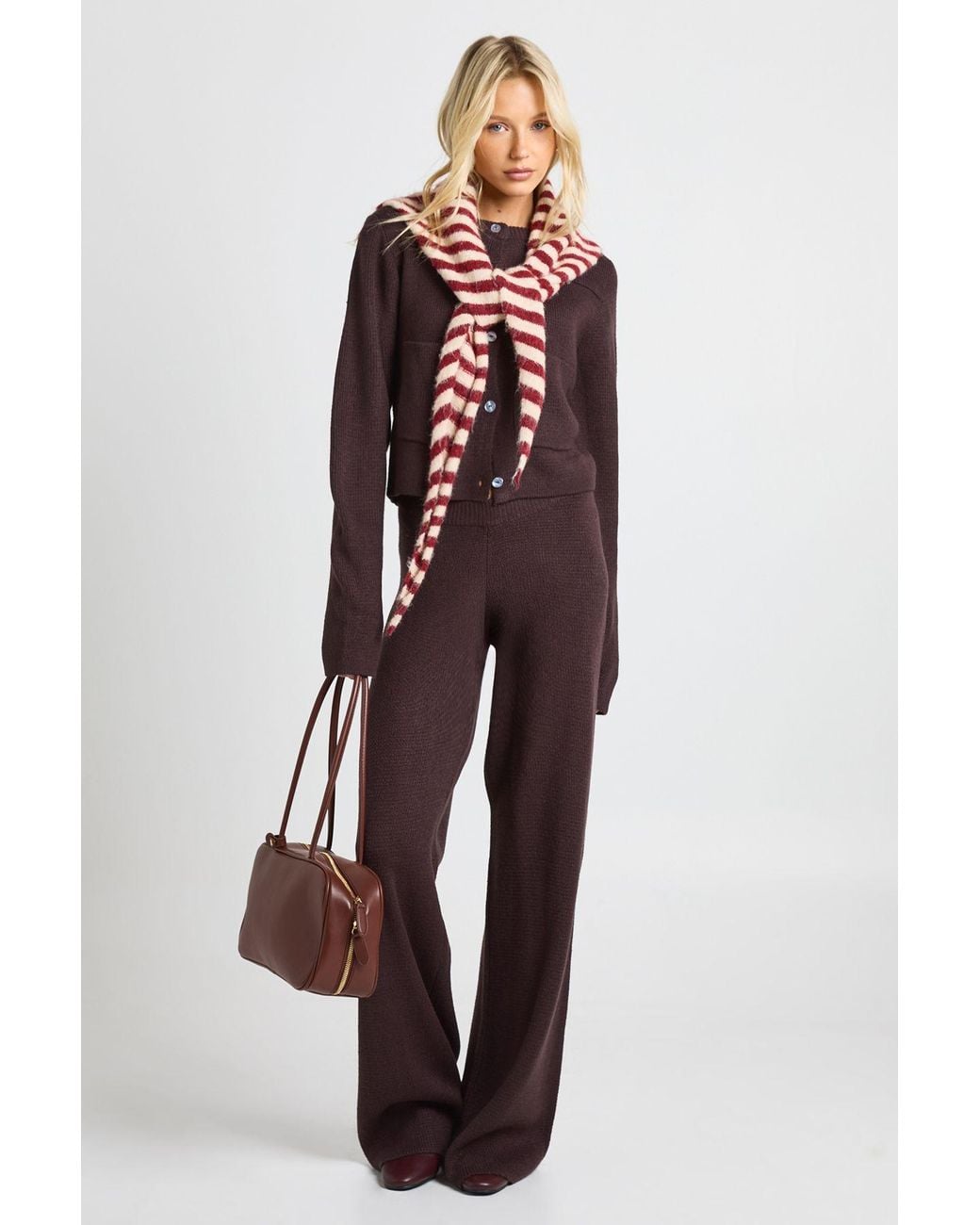 Boohoo Red Pocket Detail Crew Neck Knitted Cardigan And Wide Leg Trouser