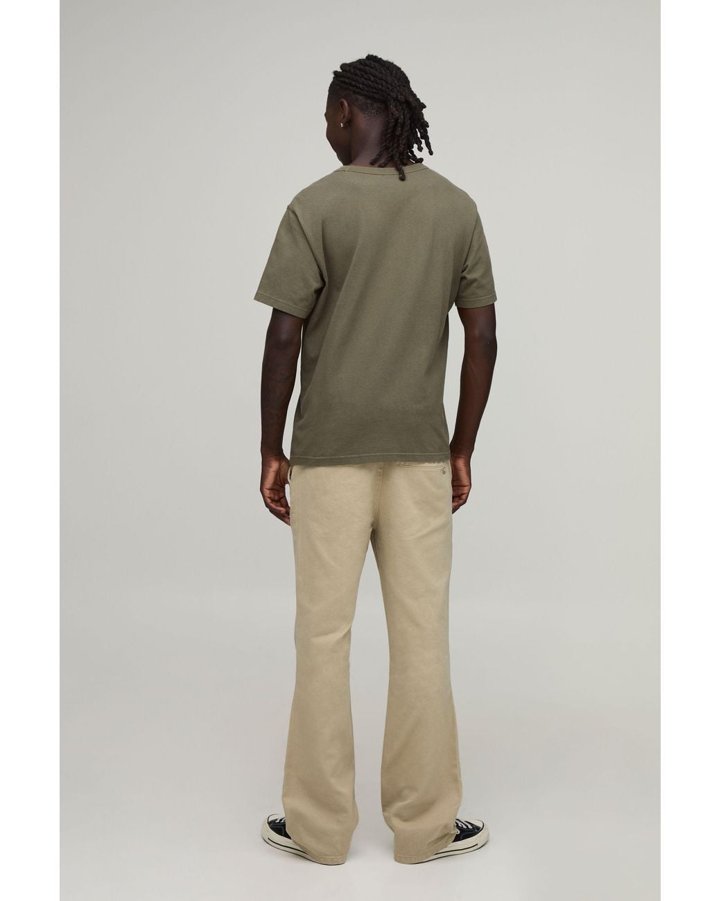 BoohooMAN Natural Slim Flare Half & Waistband Washed Twill Trousers for men