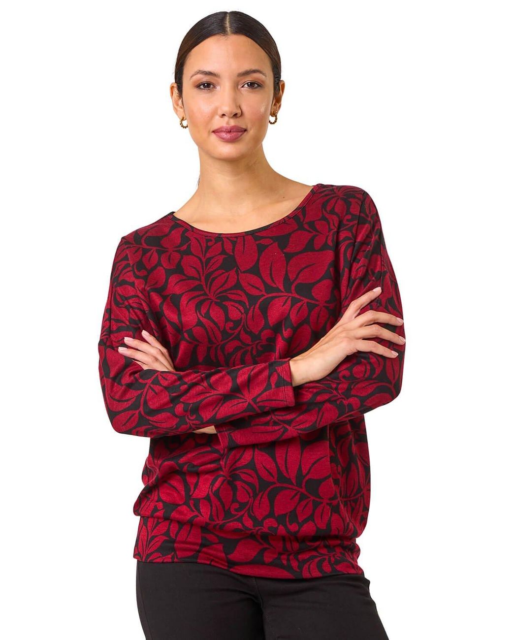 Roman Red Leaf Print Round Neck Top