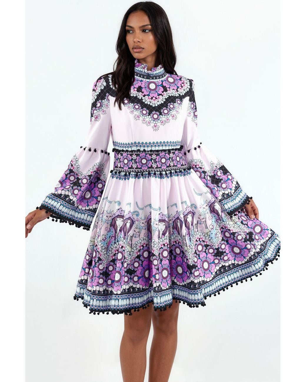 Msn-Collection White Printed Strapless Mini Skater Dress