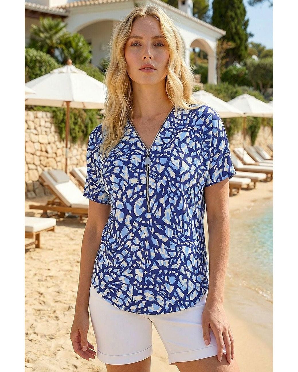 Roman Blue Abstract Print Zip Front Stretch Top