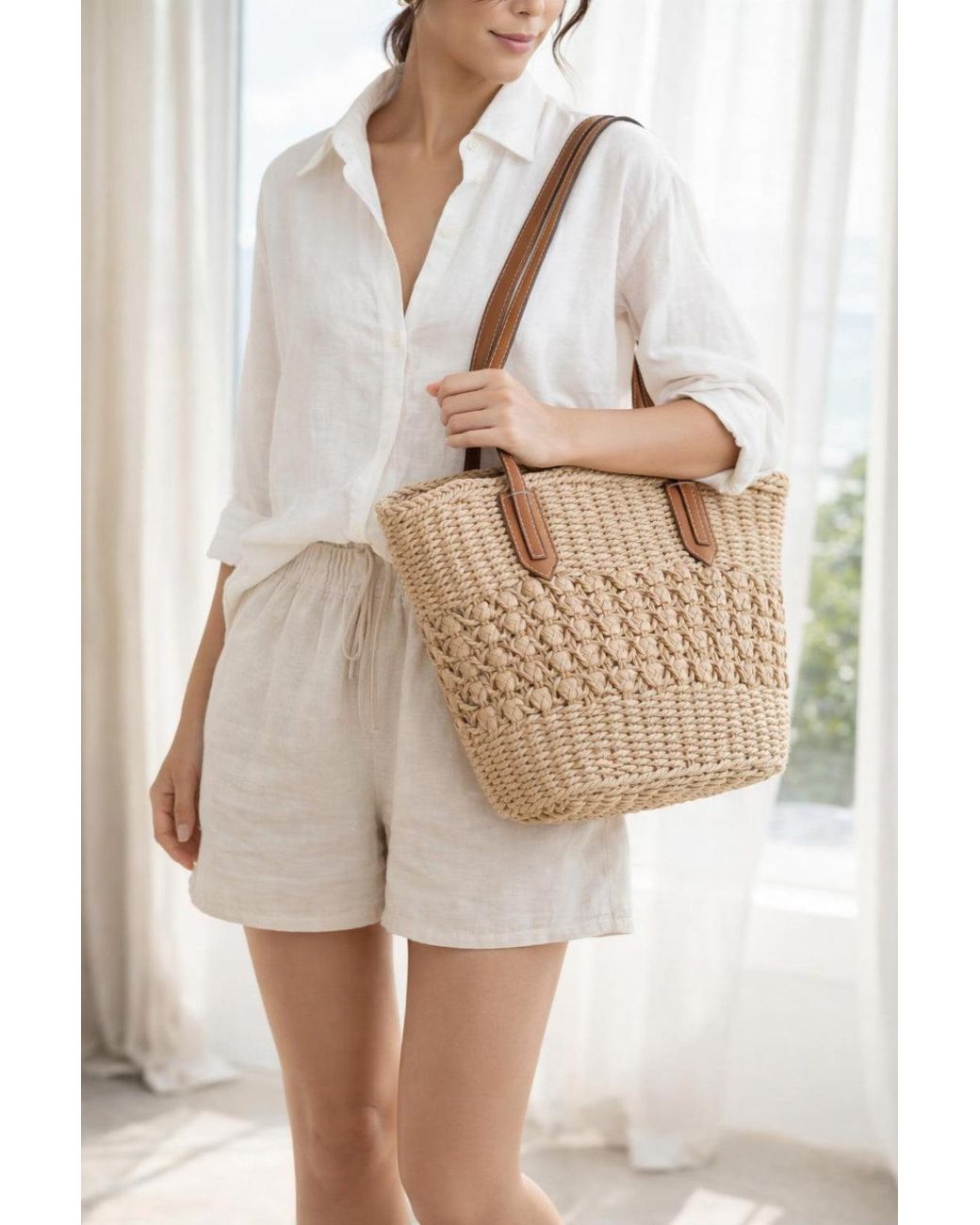 SVNX Natural Single Shoulder Striped Straw Bag
