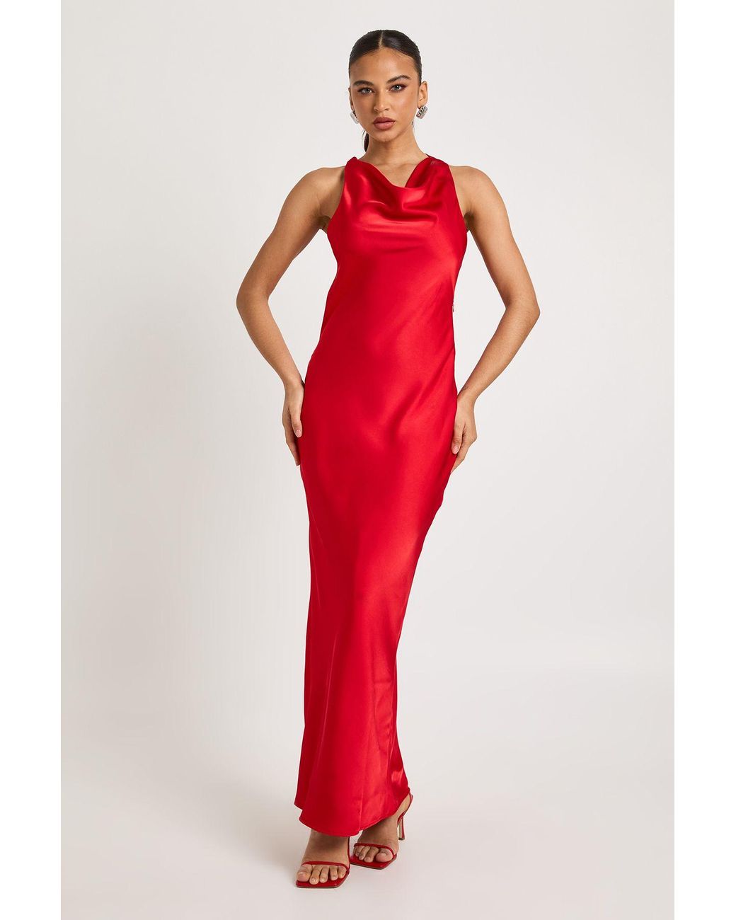 Boohoo Red Drape Back Satin Maxi Dress