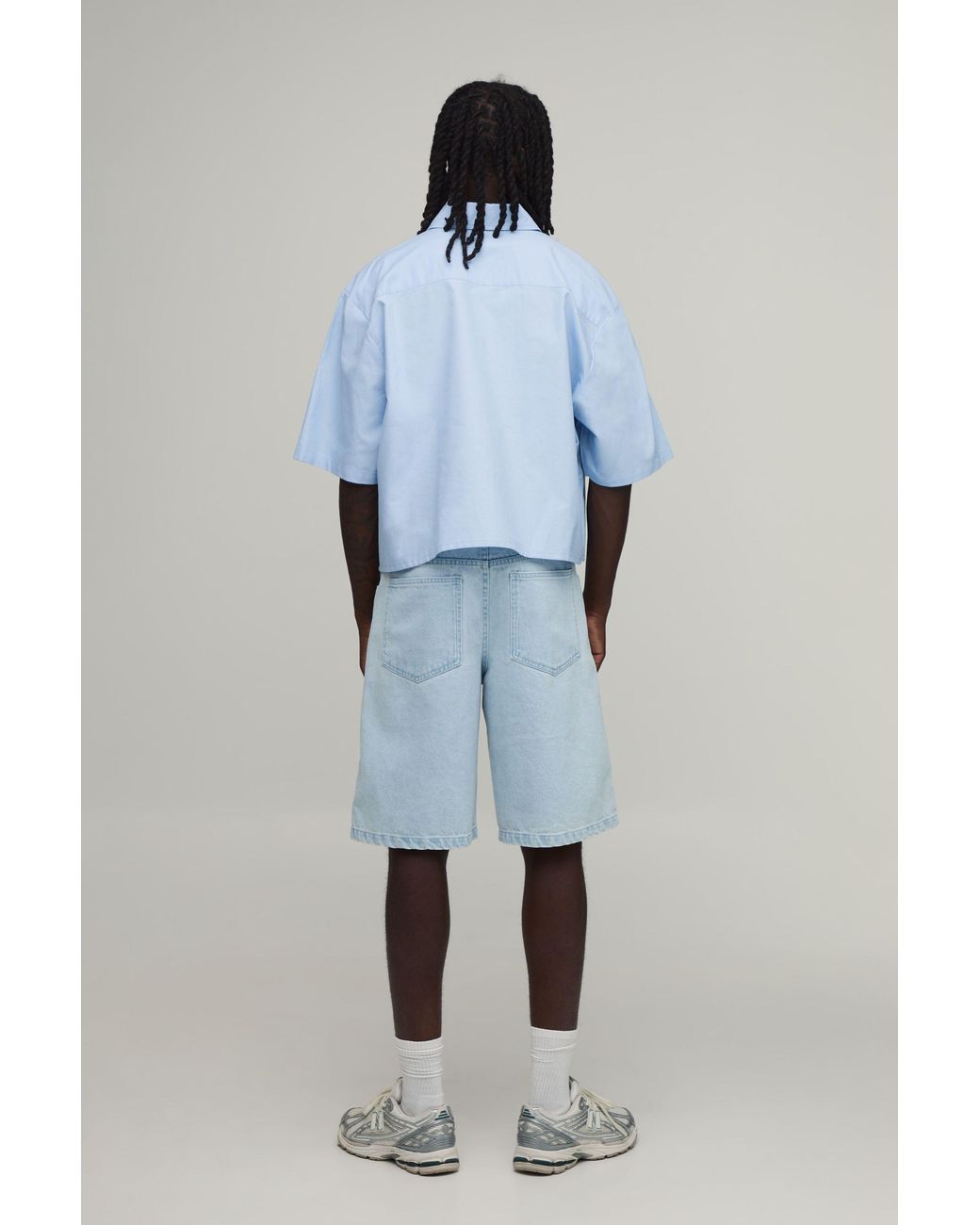 BoohooMAN Blue Boxy Cropped Half Sleeve Oxford Shirt for men