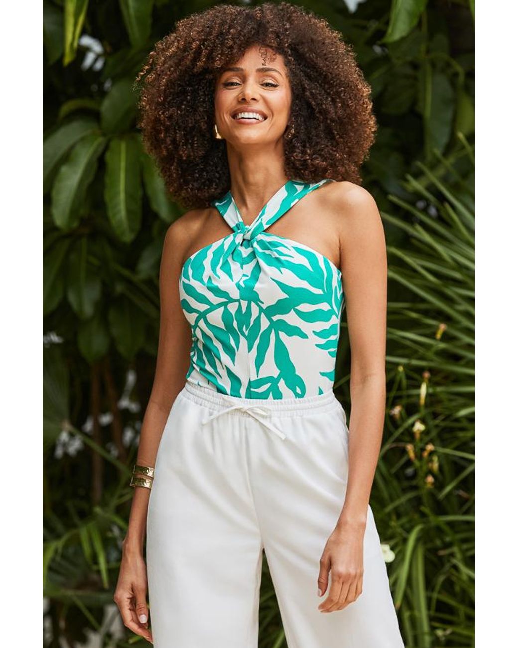 Sosandar Green Palm Print Halter Neck Jersey Top
