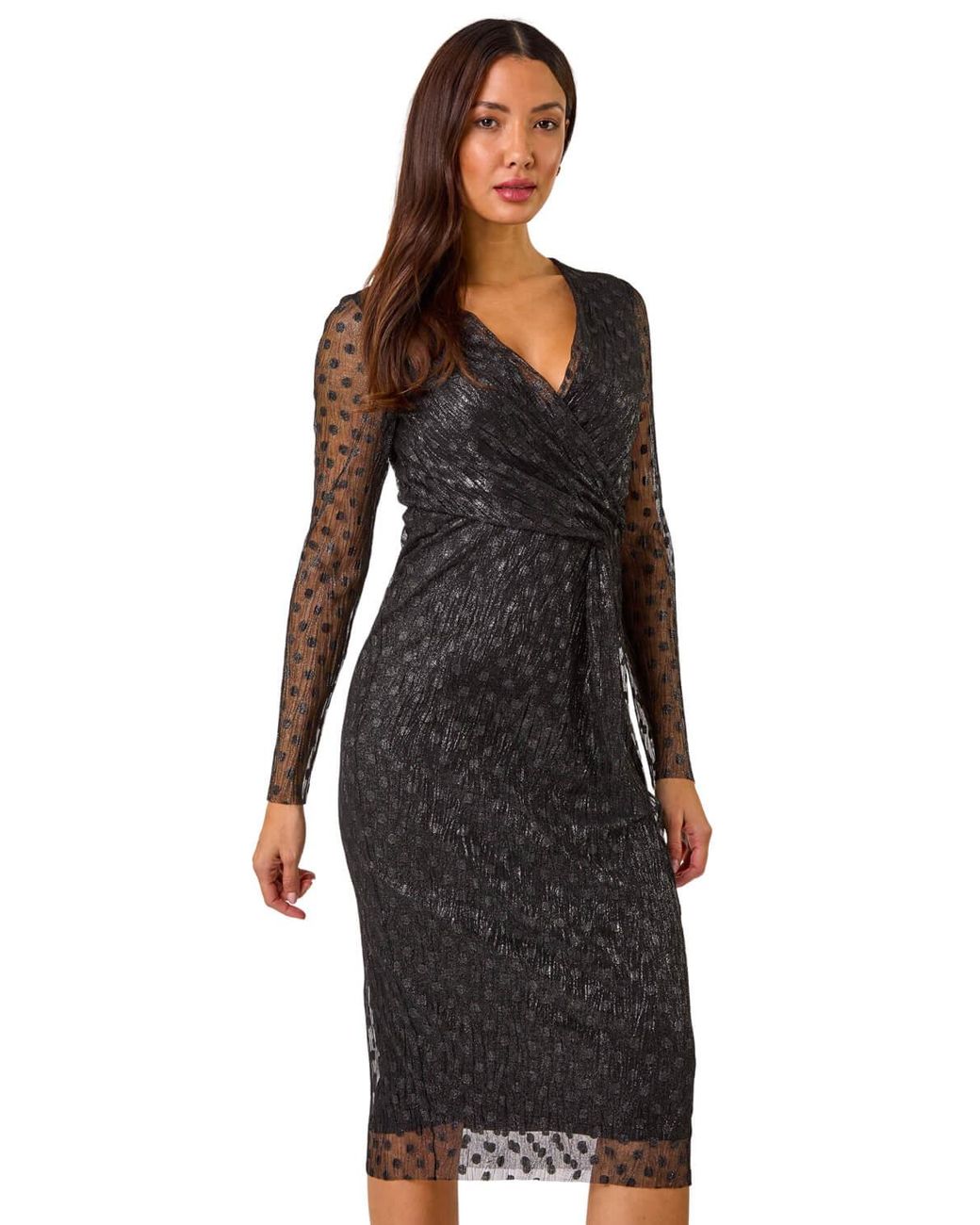 Roman Black Dobby Plisse Wrap Dress