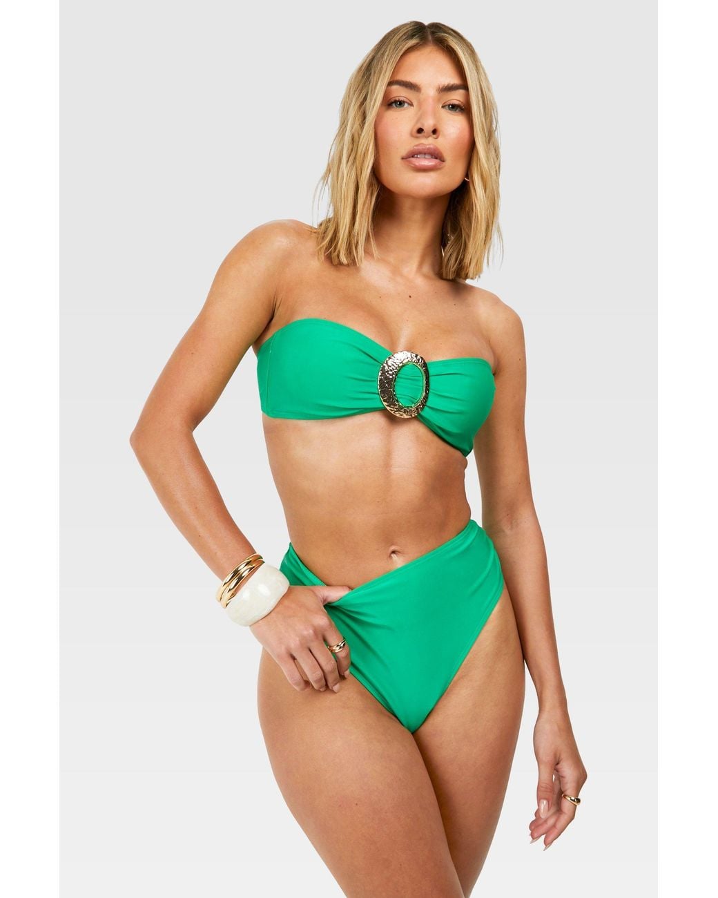 Boohoo Green Trim Detail Bandeau Bikini Top & High Waist Bottoms Set
