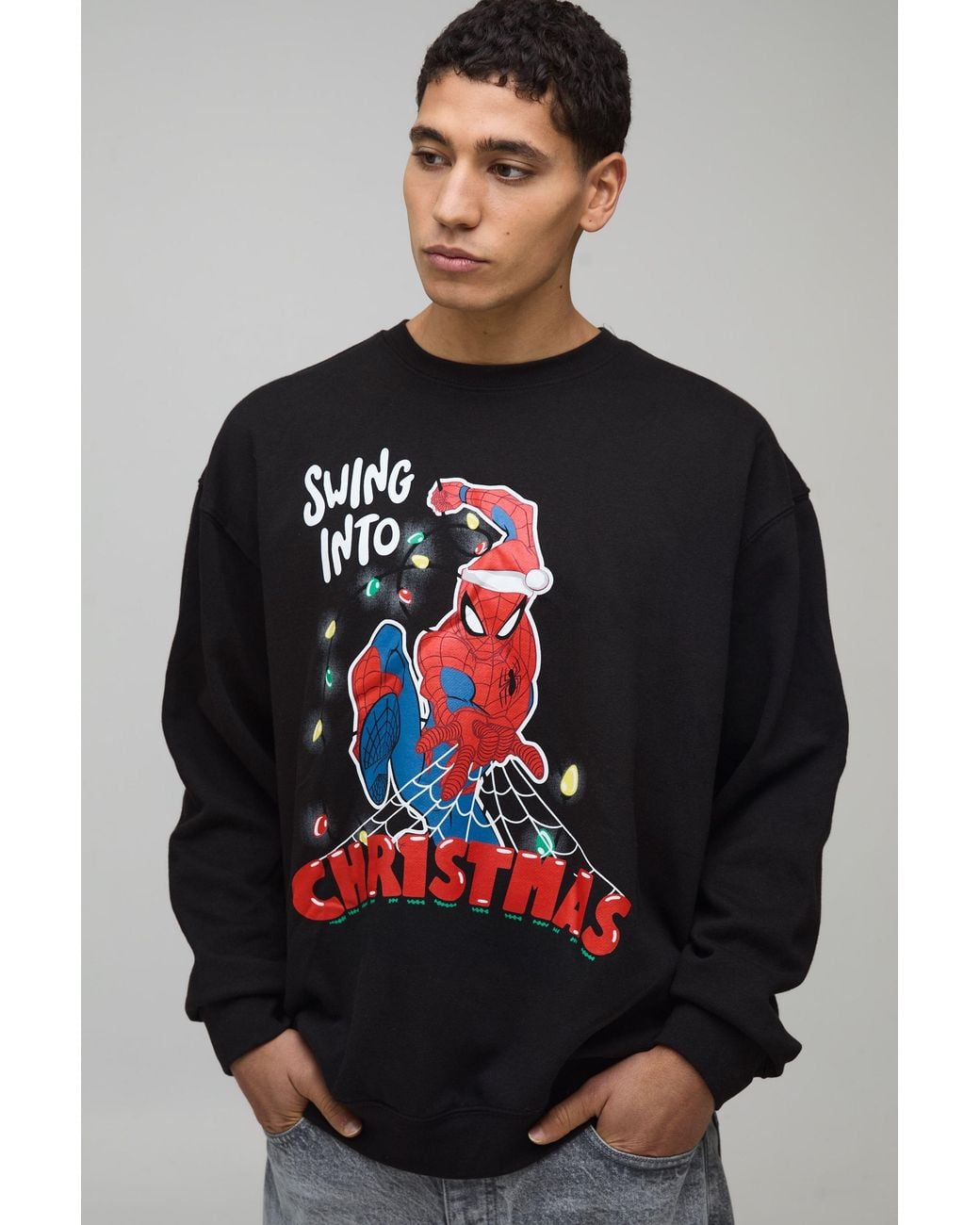 BoohooMAN Gray Oversized Christmas Spiderman License Sweatshirt for men