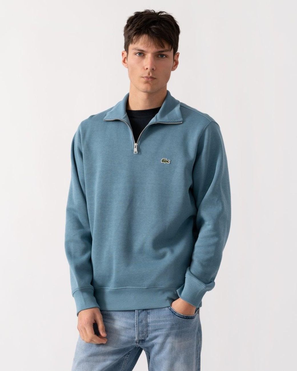 Lacoste Blue Zippered Stand-up Collar Cotton Sweatshirt for men