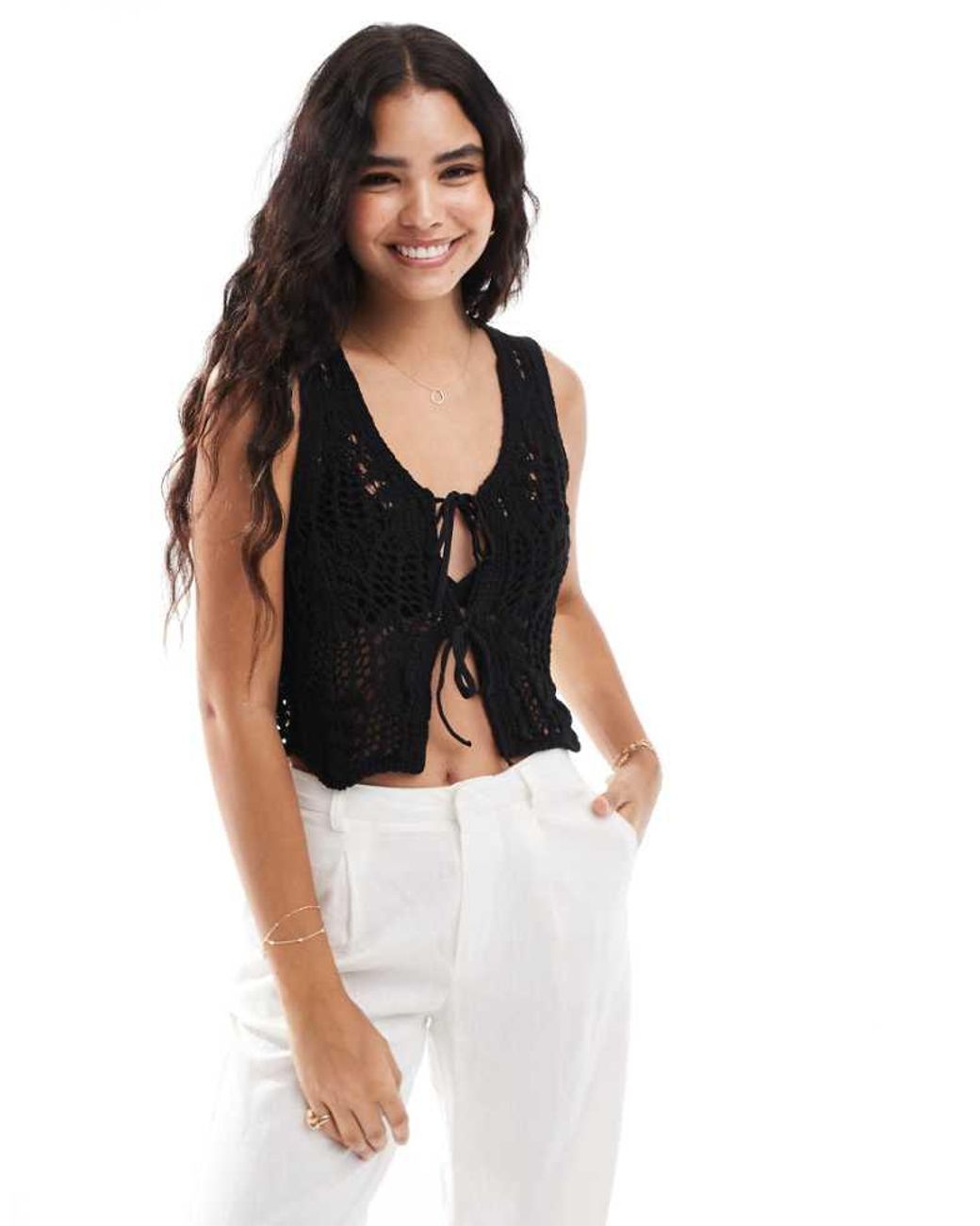 ONLY Black Tie Front Crochet Vest