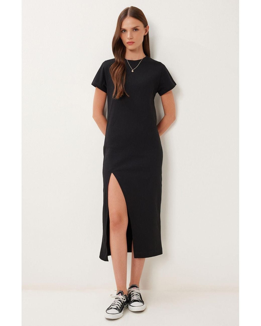Happiness İstanbul Black Slim Fit Midi Dress With Side Slit