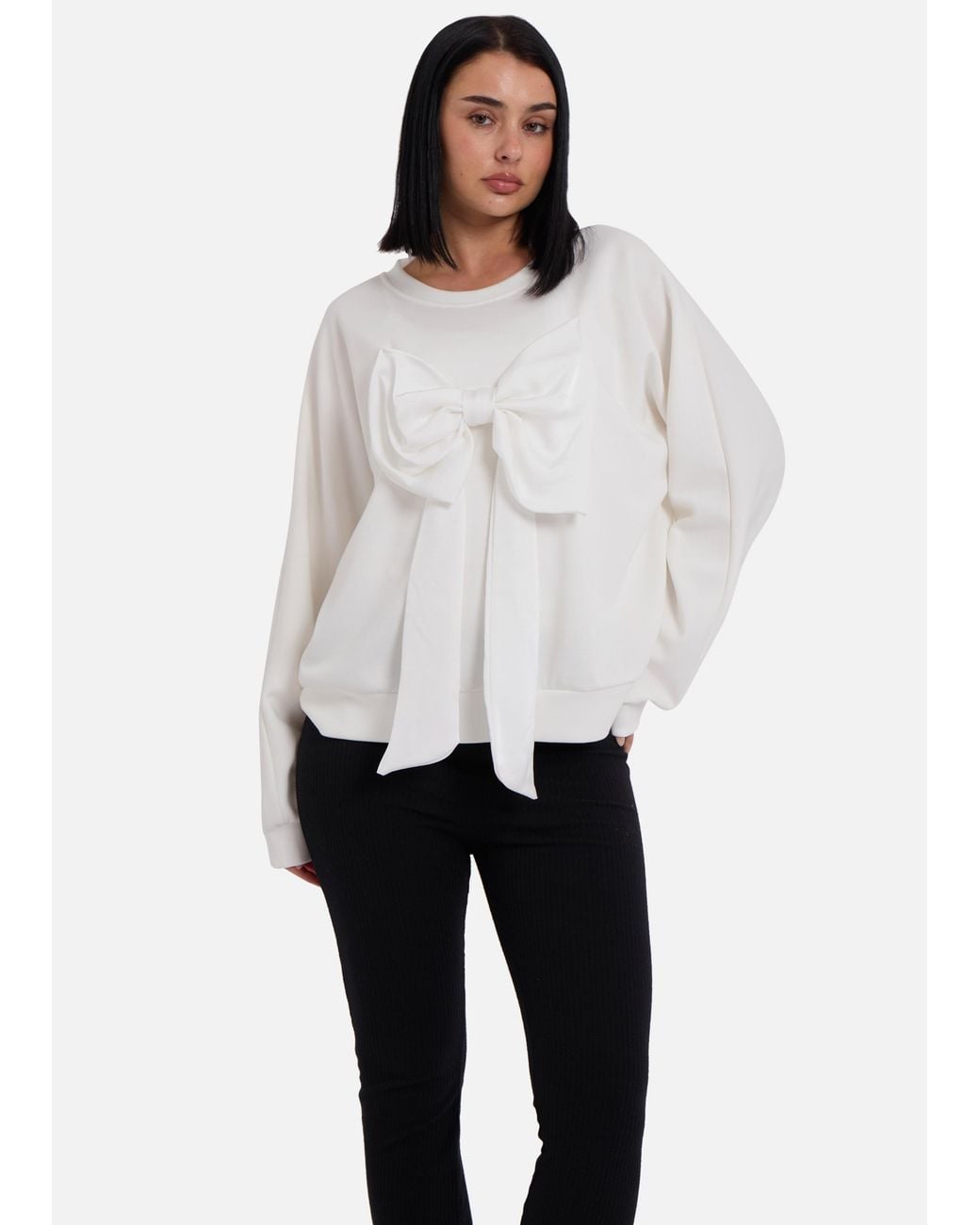 Gini London White Bow Front Oversized Jumper Top