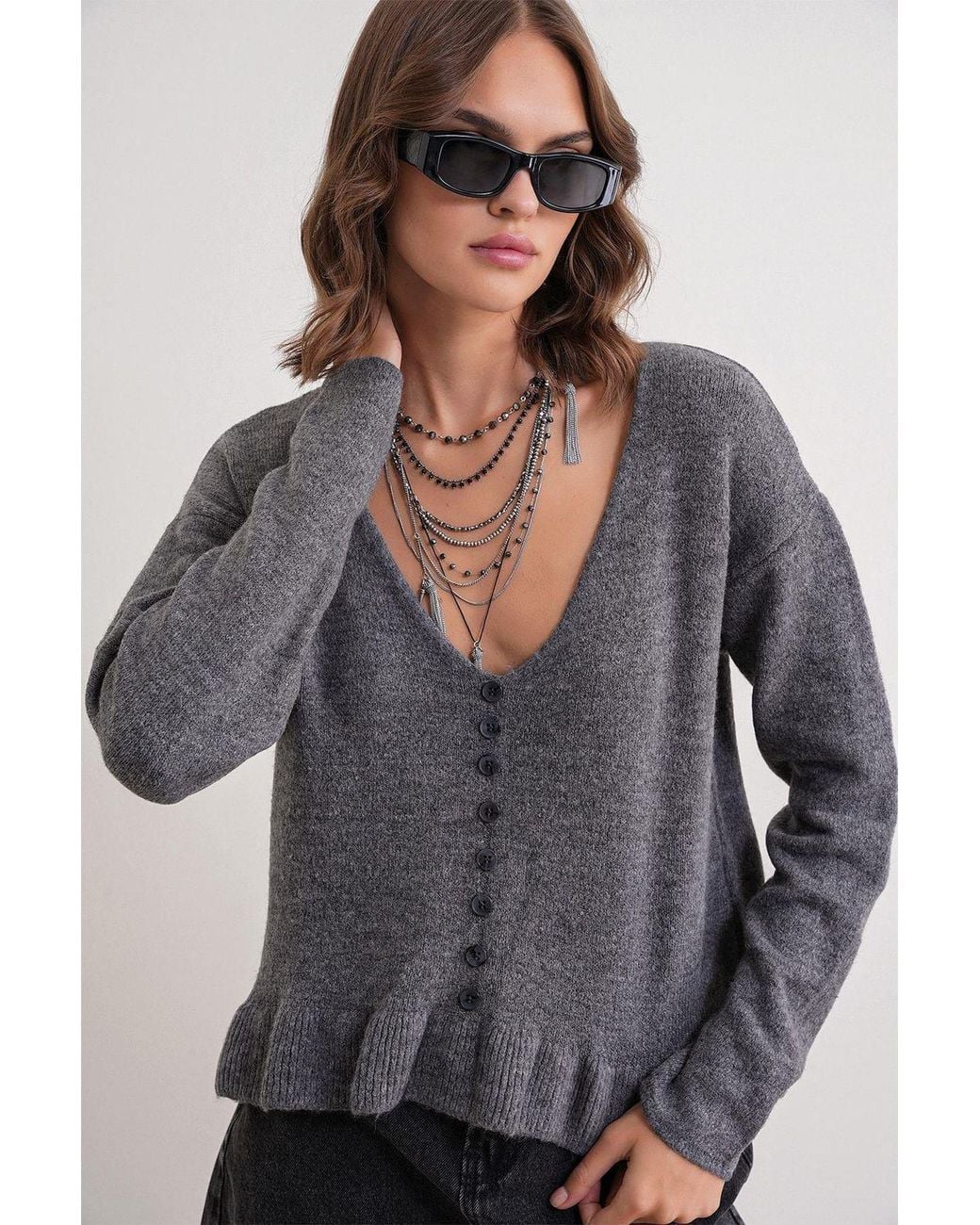 MixRay Gray Lightweight V-Neck Knit Top With Button Detail