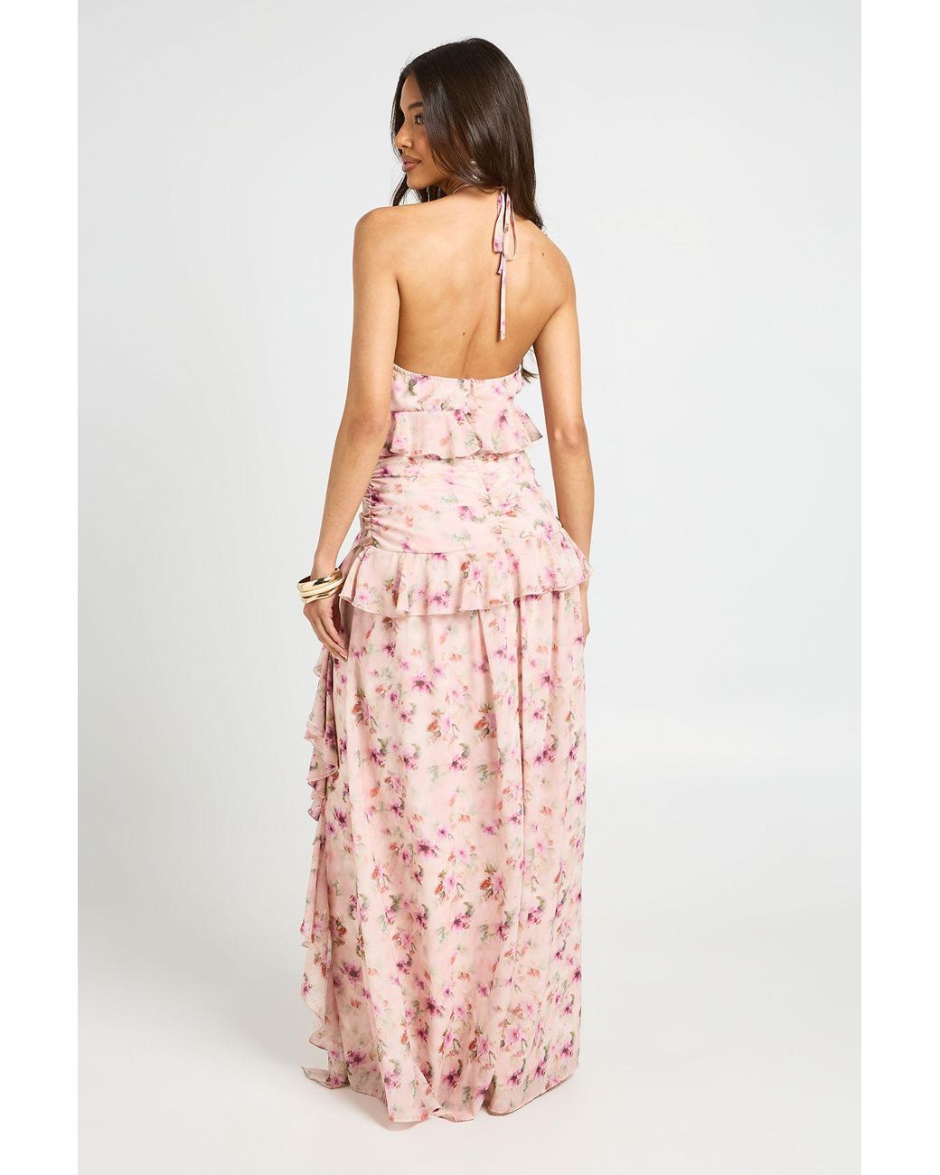 Boohoo Pink Floral Halterneck Chiffon Ruffle Detail Maxi Dress