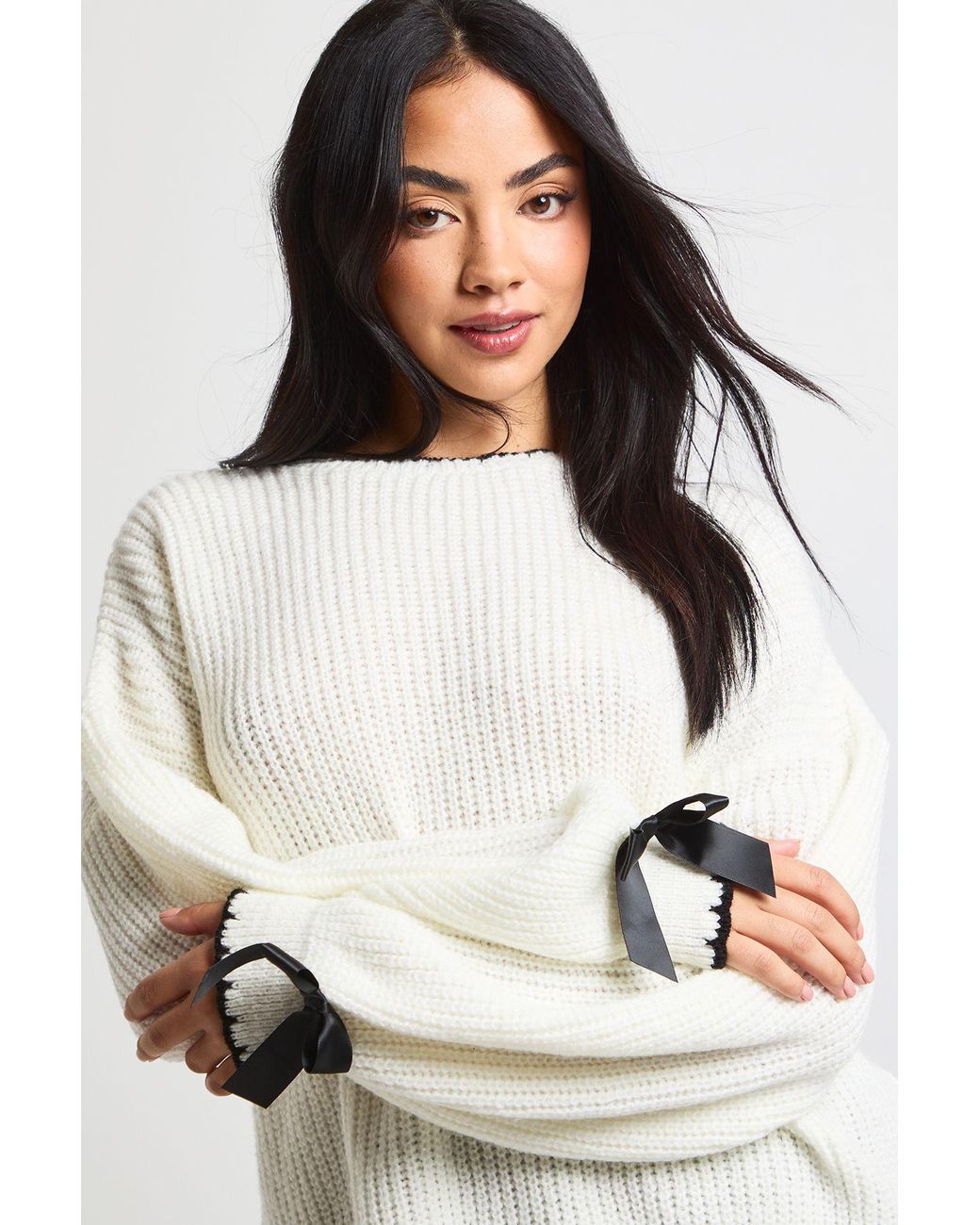 Boohoo Natural Bow Cuff Detail Knitted Jumper