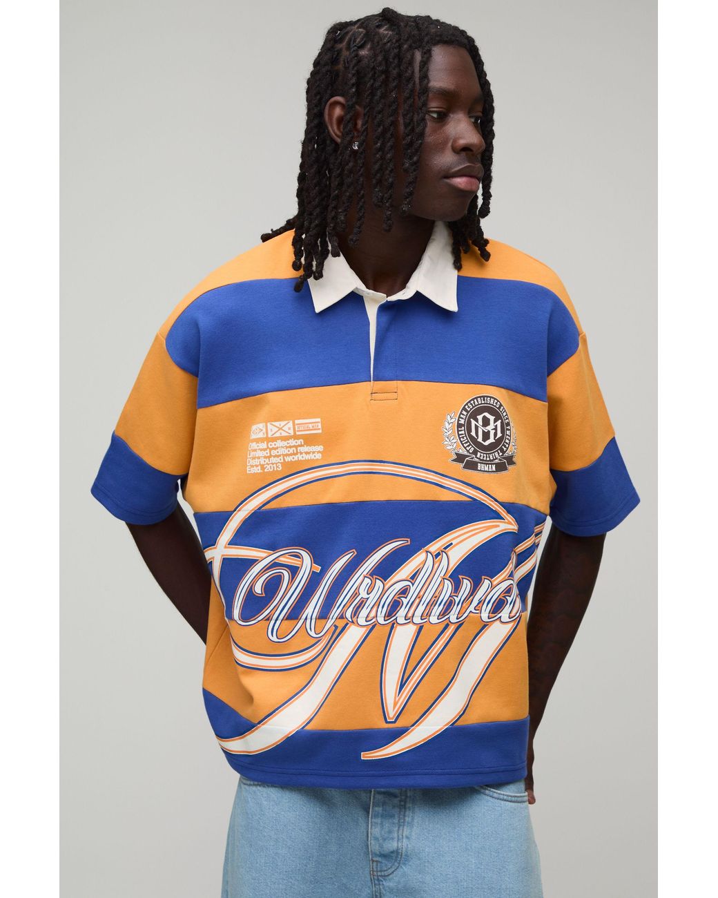 BoohooMAN Blue Oversized Boy Half Sleeve Applique Stripe Interlock Rugby Polo for men