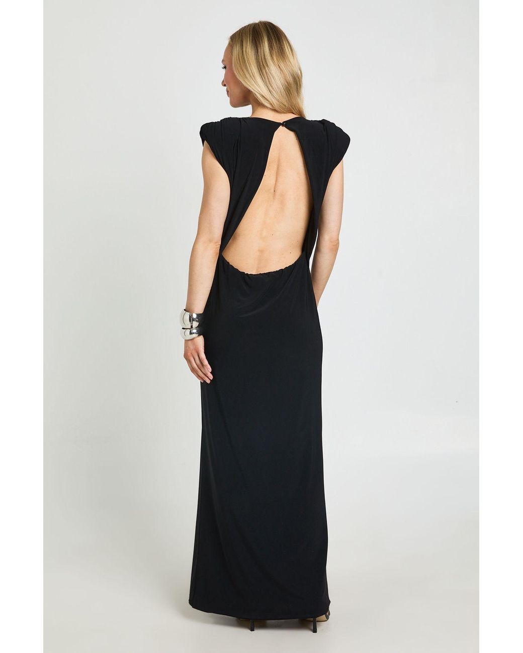 Boohoo Black Petite Shoulder Pad Backless Drop Waist Maxi Dress