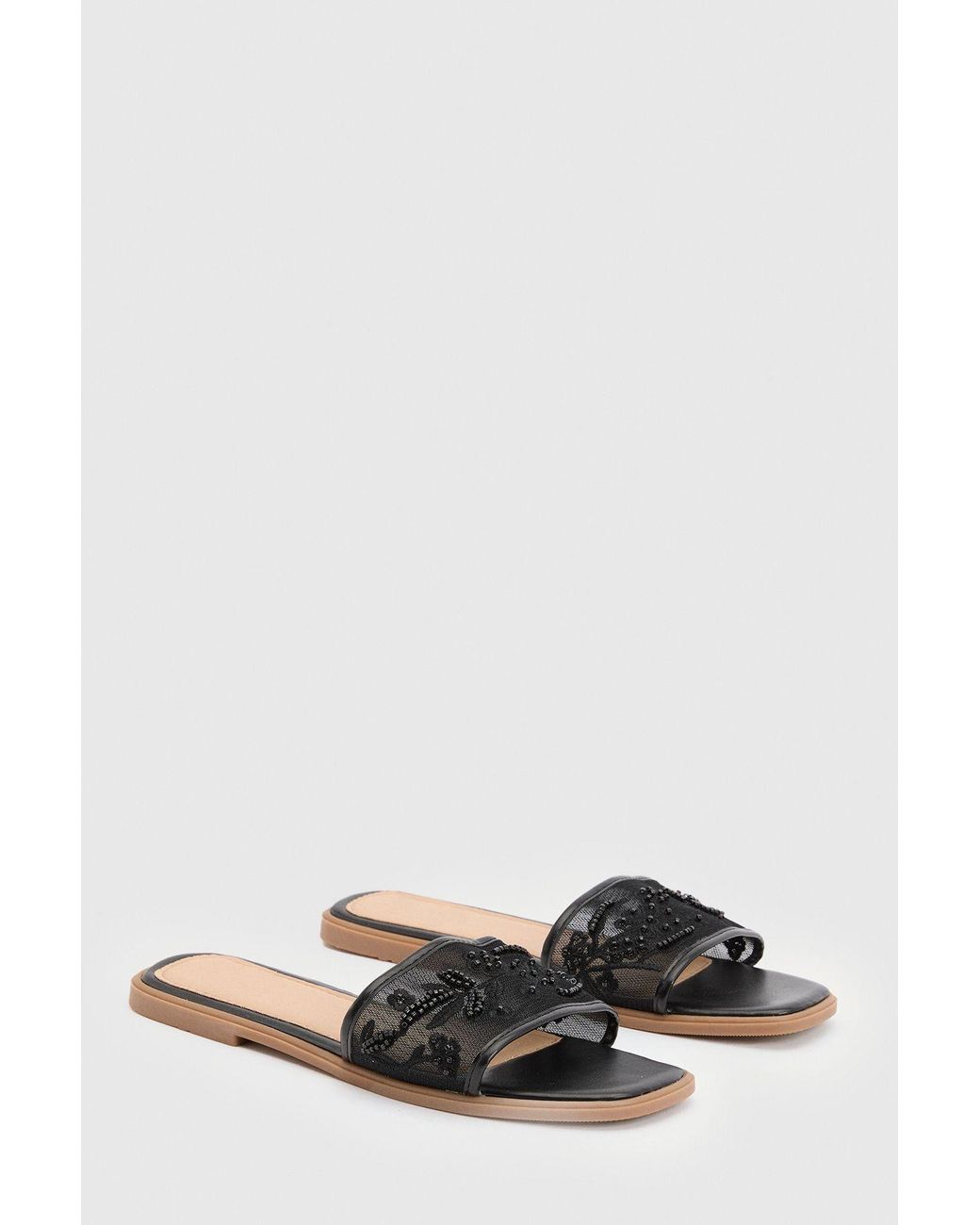 Boohoo Brown Mesh Beaded Strap Sliders