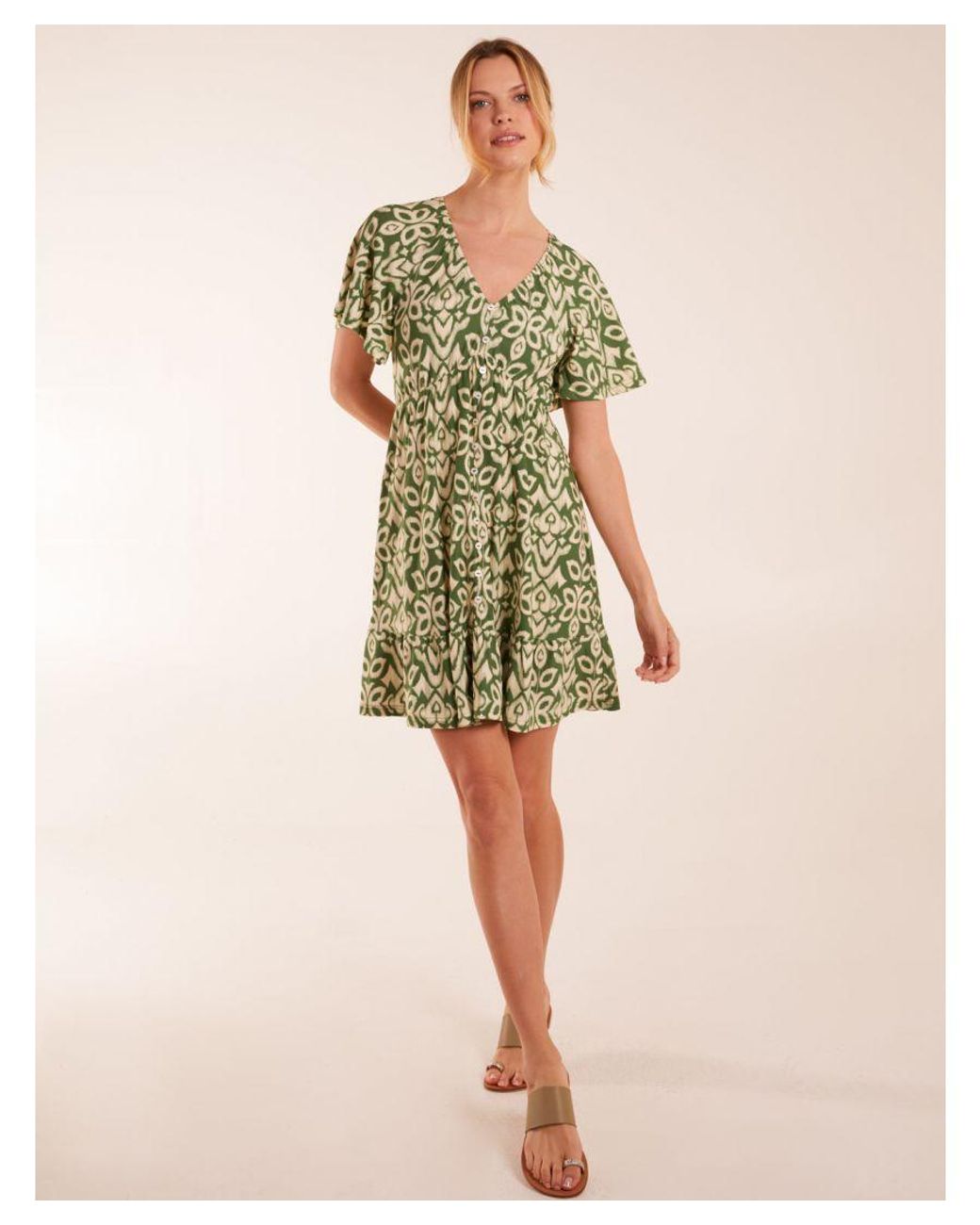 Blue Vanilla Green Button Through Elastic Waist Mini Dress
