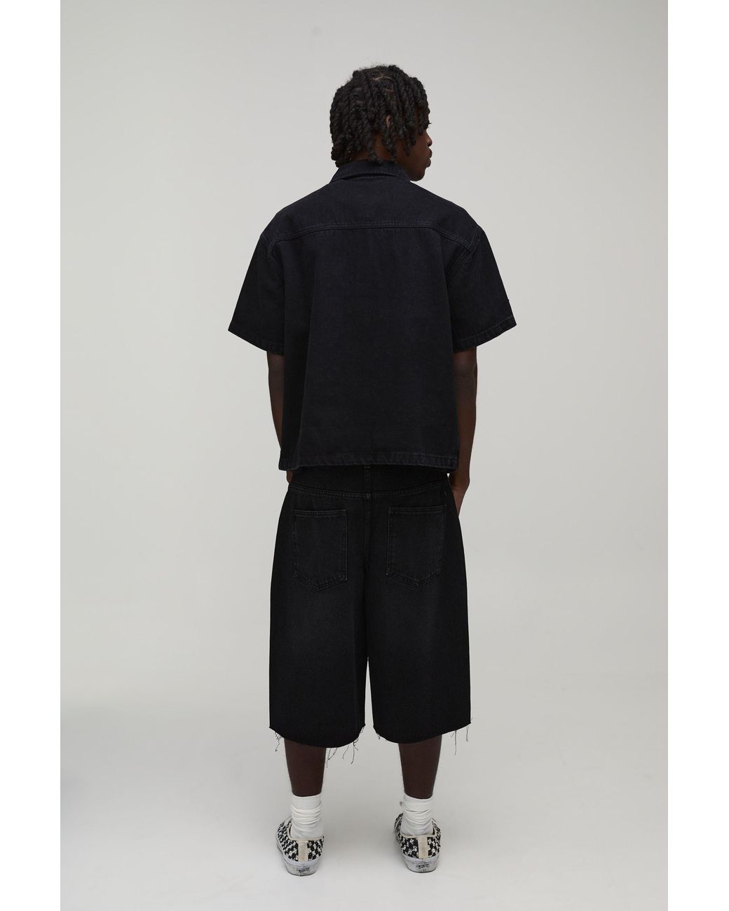 BoohooMAN Black Washed Rhinestone Boxy Oversized Revere Denim Shirt for men