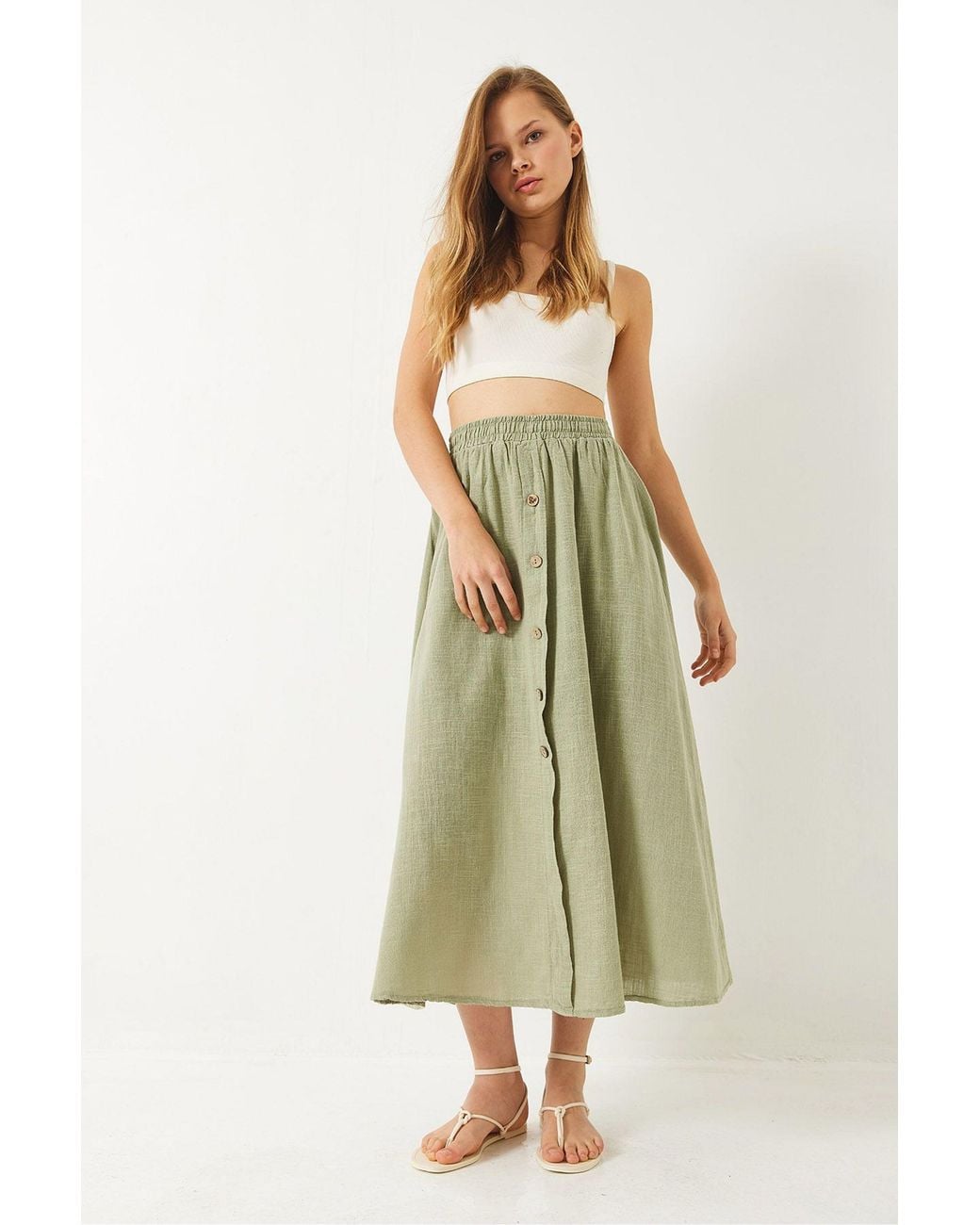 Bianco Lucci Green Textured Maxi Skirt With Button Closure