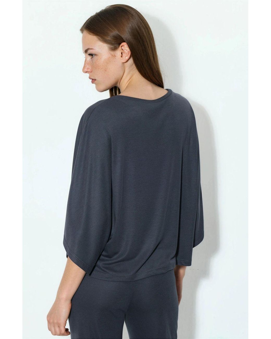 Busem Blue Loose Fit Ribbed Crew Neck Blouse