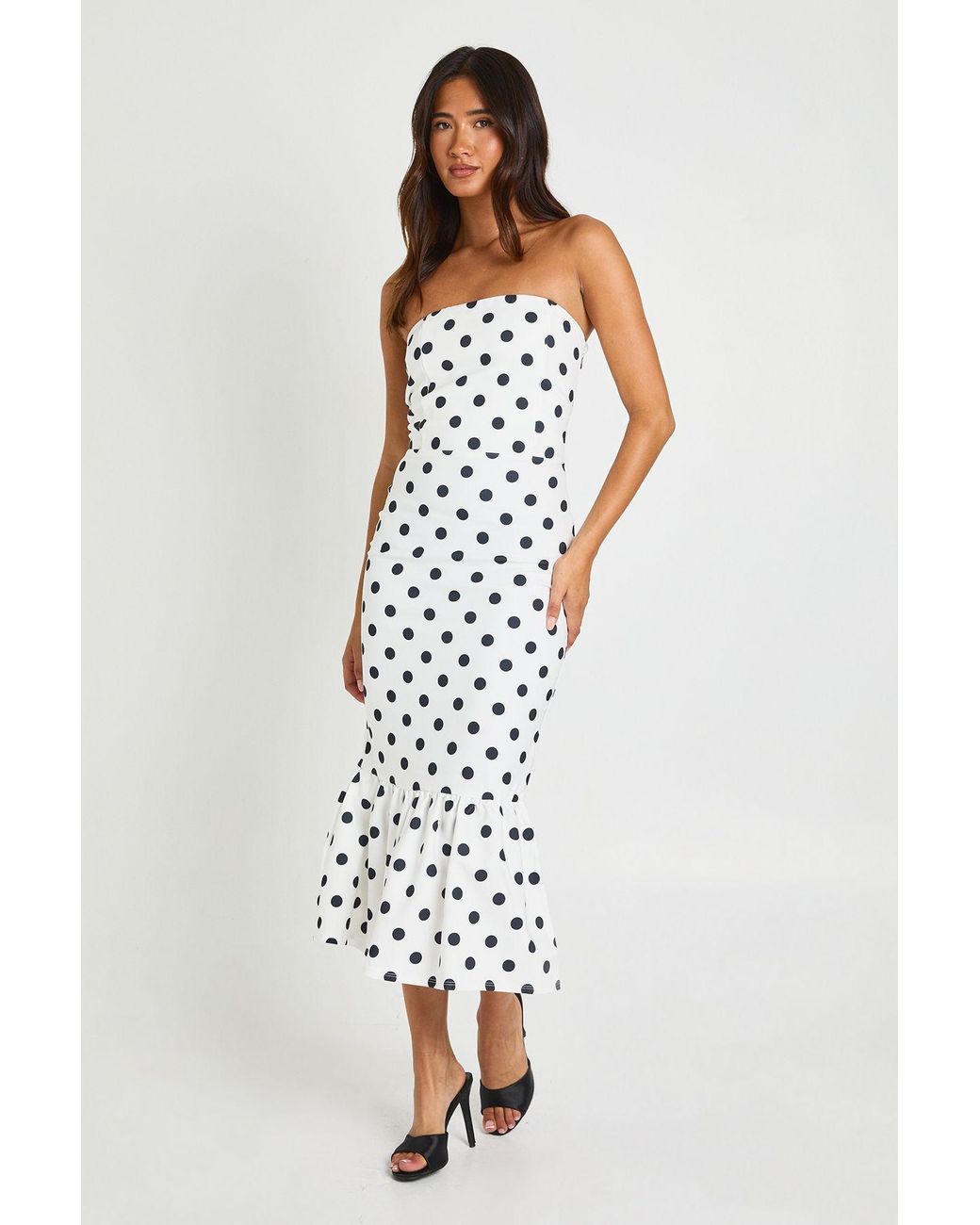 Boohoo White Polka Dot Bandeau Pep Hem Midaxi Dress