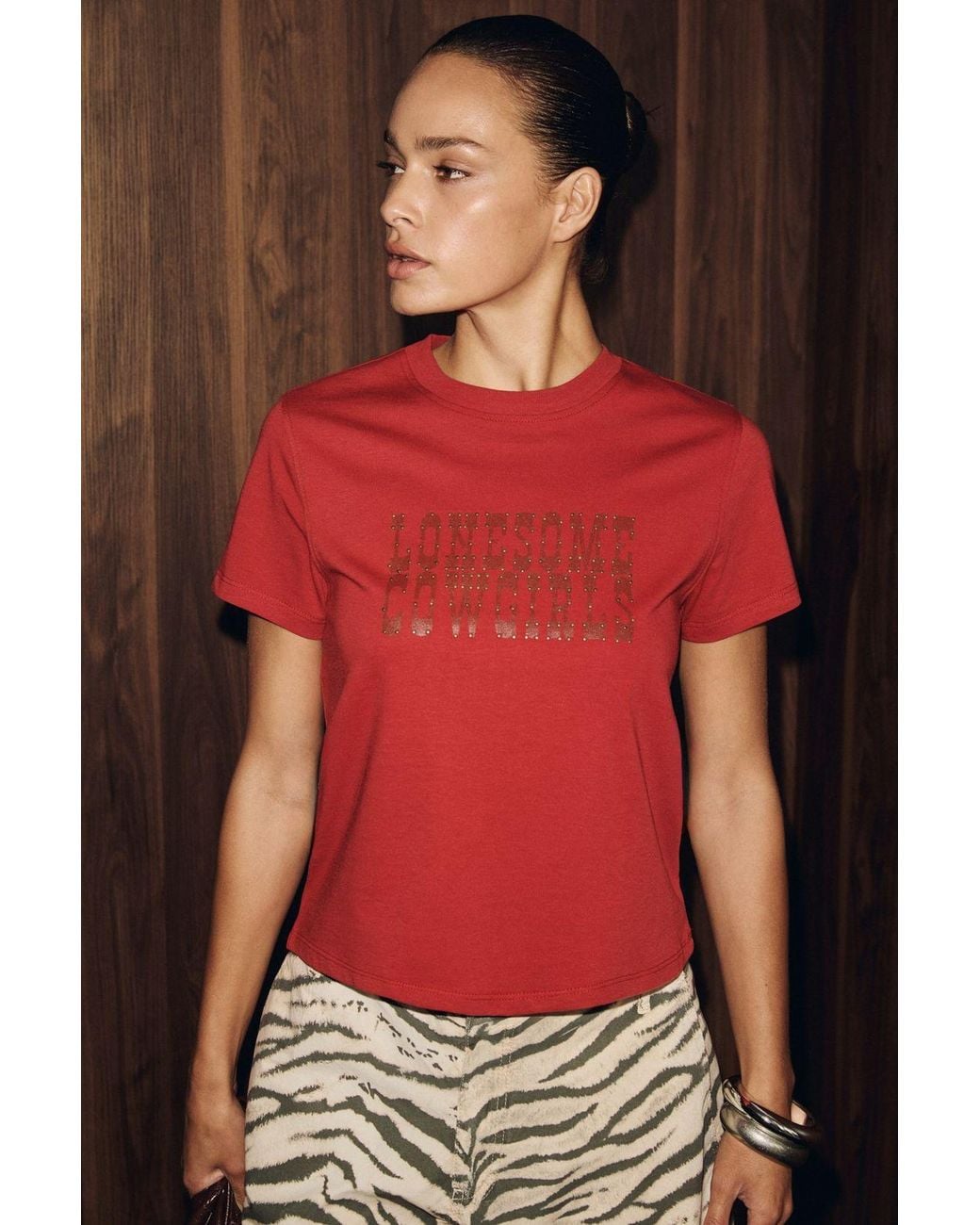 Grimelange Red Printed Crew Neck T-Shirt
