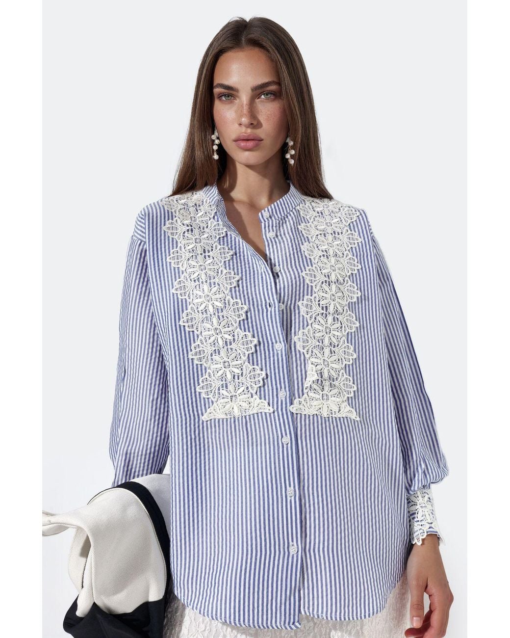 Msn-Collection Blue Striped Woven Shirt-Collar T-Shirt
