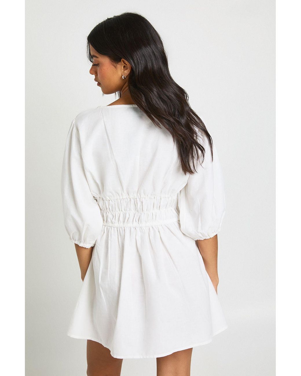 Boohoo White Linen Look Volume Sleeve Shirred Skater Dress