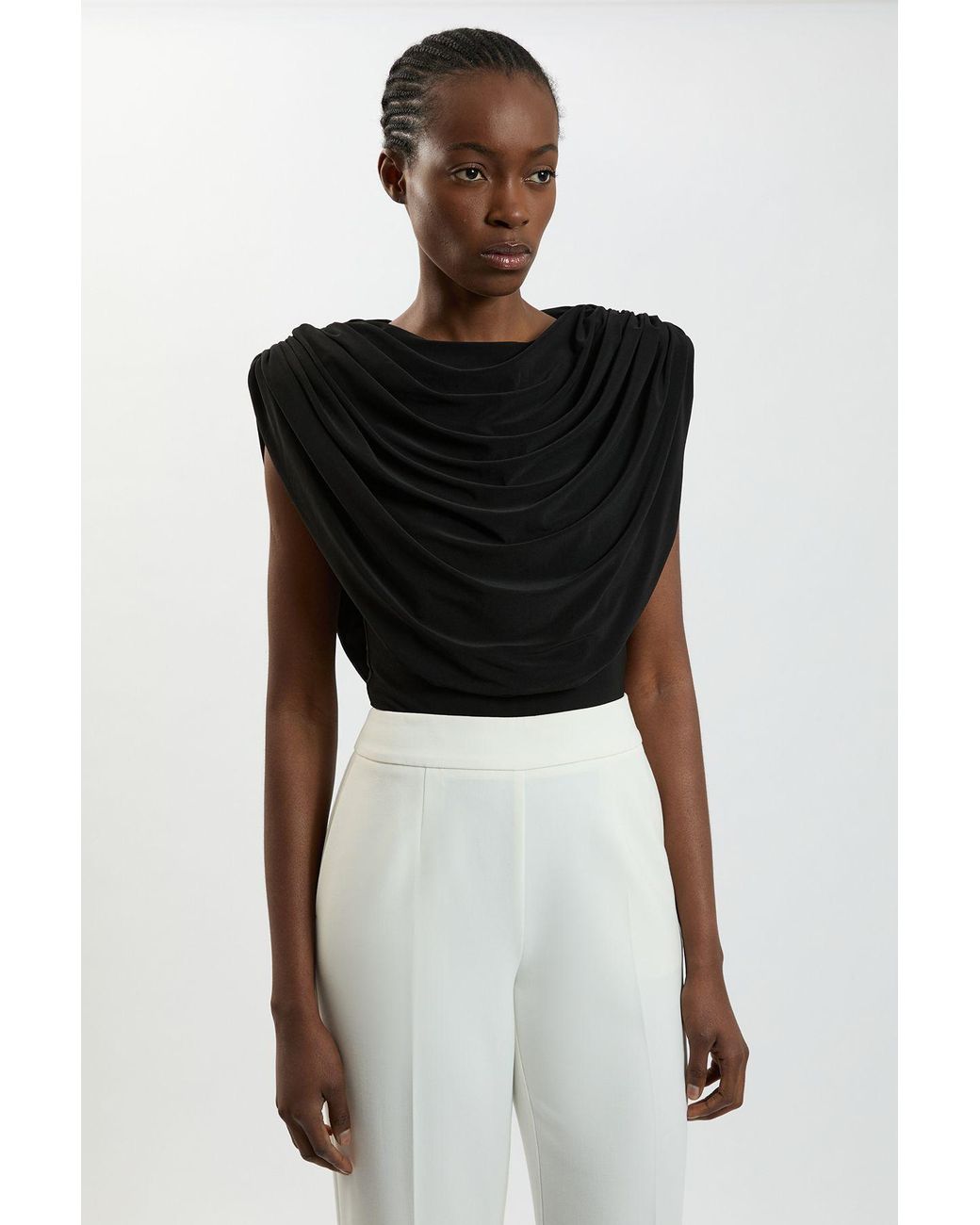 Karen Millen Black Cowl Neck Strong Shoulder Jersey Bodysuit