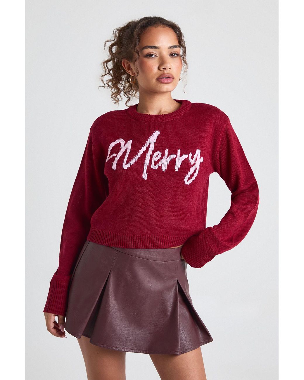 Boohoo Red Merry Slogan Cropped Christmas Jumper