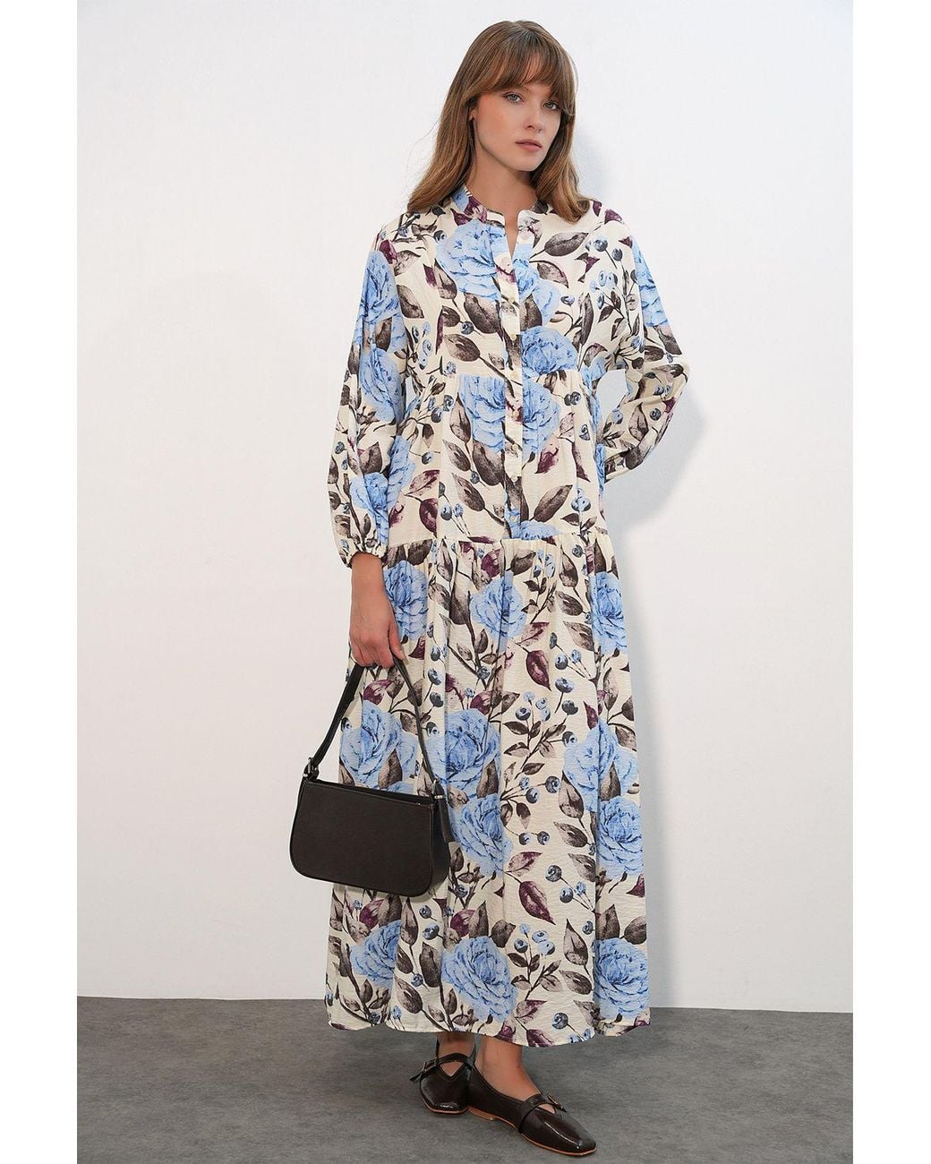 Bigdart White Floral Maxi Dress With Mandarin Collar