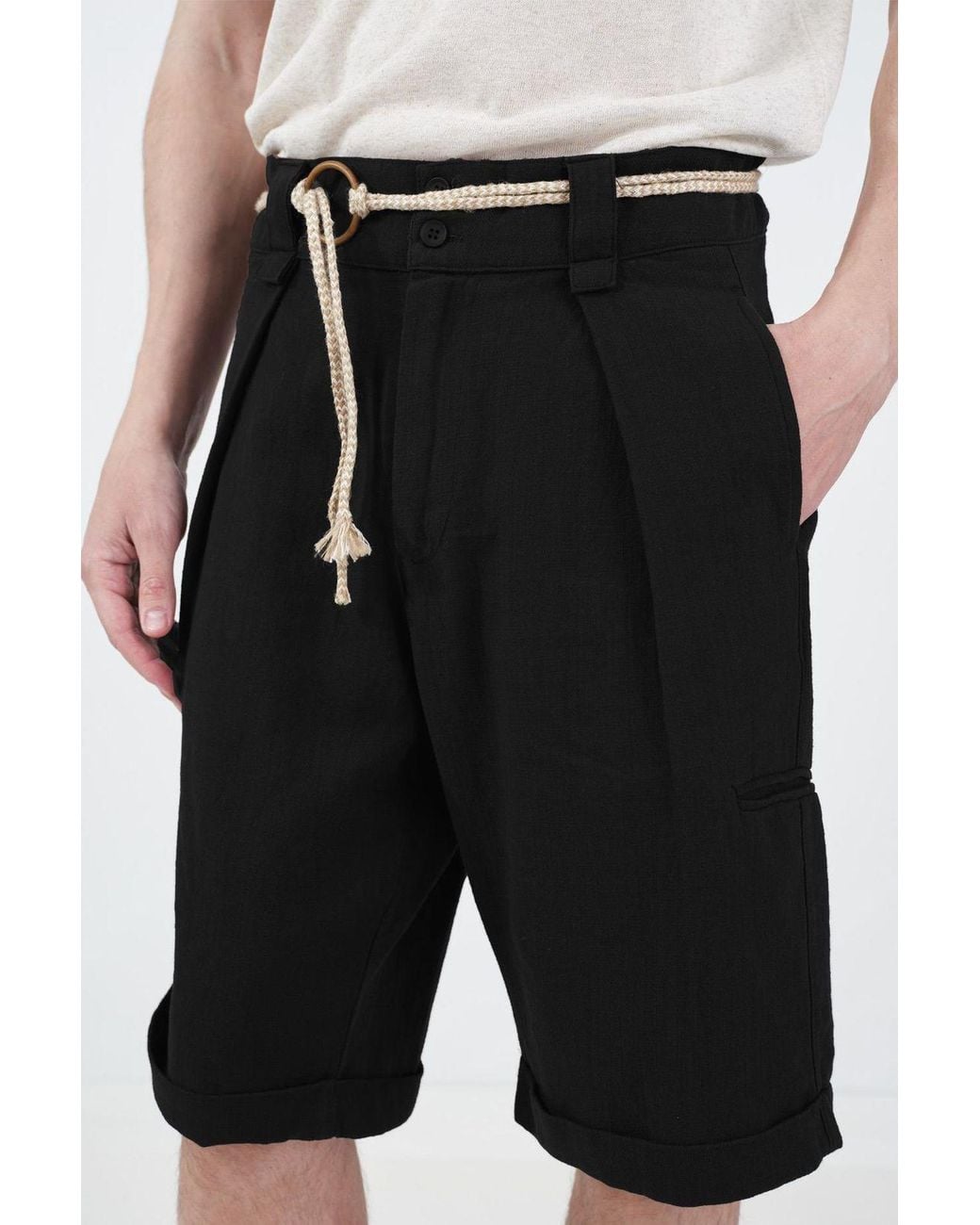 Giesto Black Mid Waist Belted Cotton Shorts for men