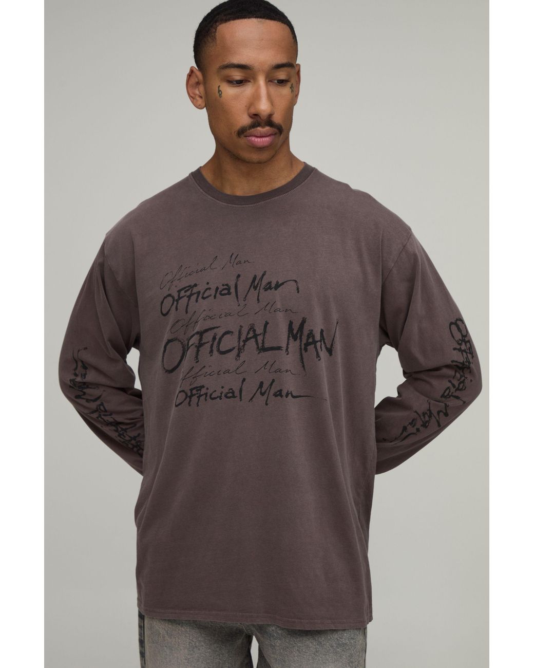 BoohooMAN Brown Washed Oversized Official Doodle Print Long Sleeve T-Shirt Cotton for men