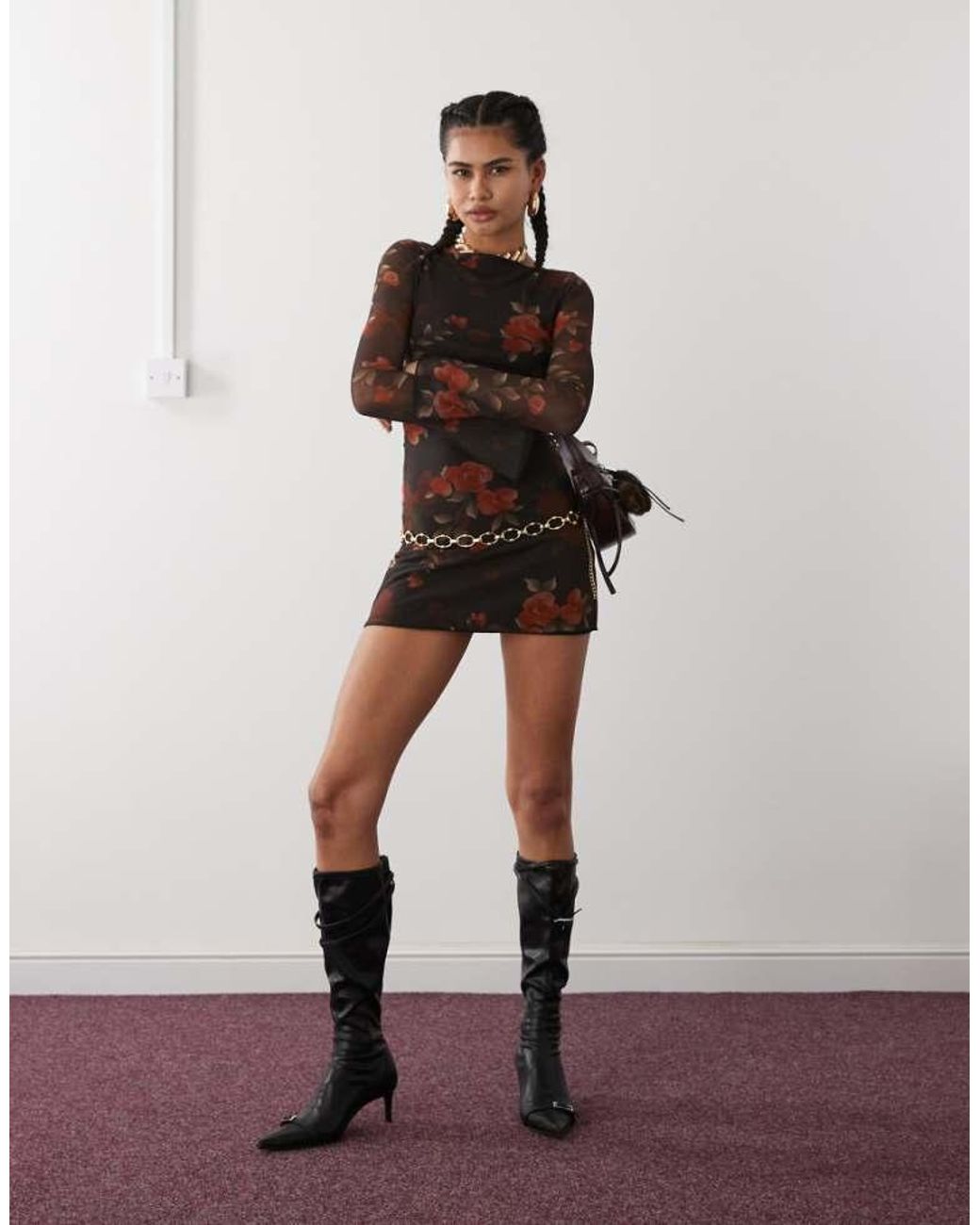 Motel Black Sevila Long Sleeve Watercolour Rose Mini Dress