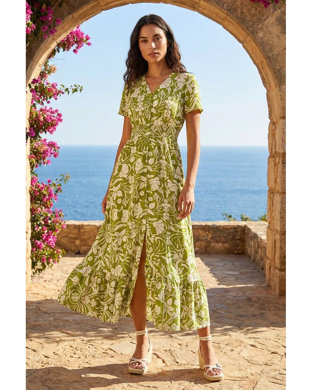 Roman Green Floral Print Button Detail Maxi Dress