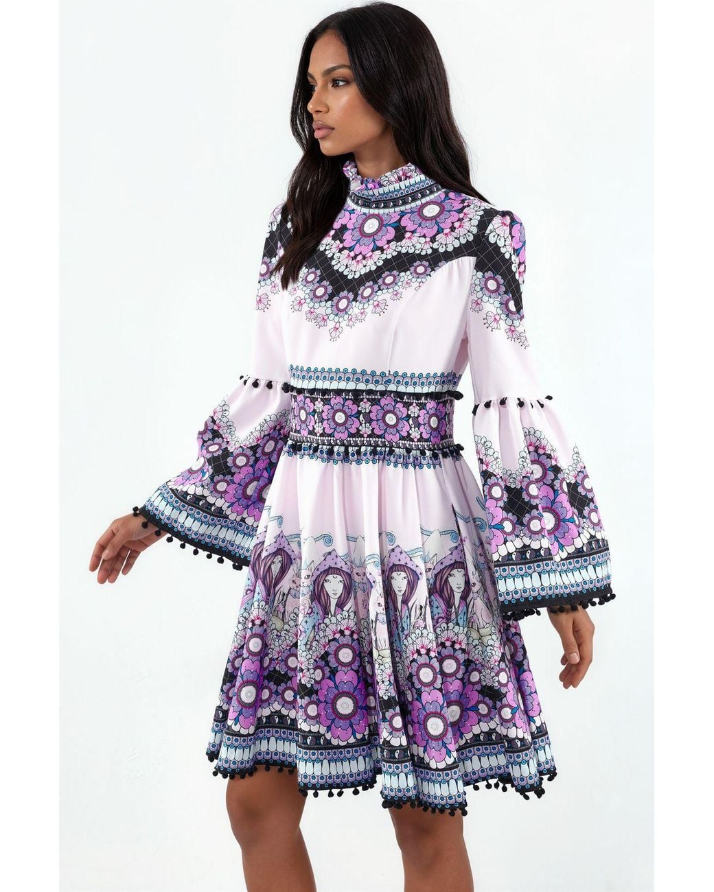 Msn-Collection White Printed Strapless Mini Skater Dress