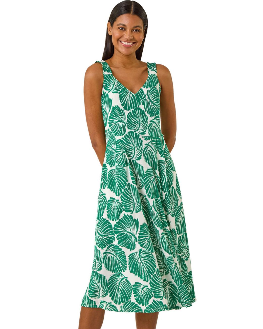 Roman Green Leaf Print V-Neck Stretch Midi Dress
