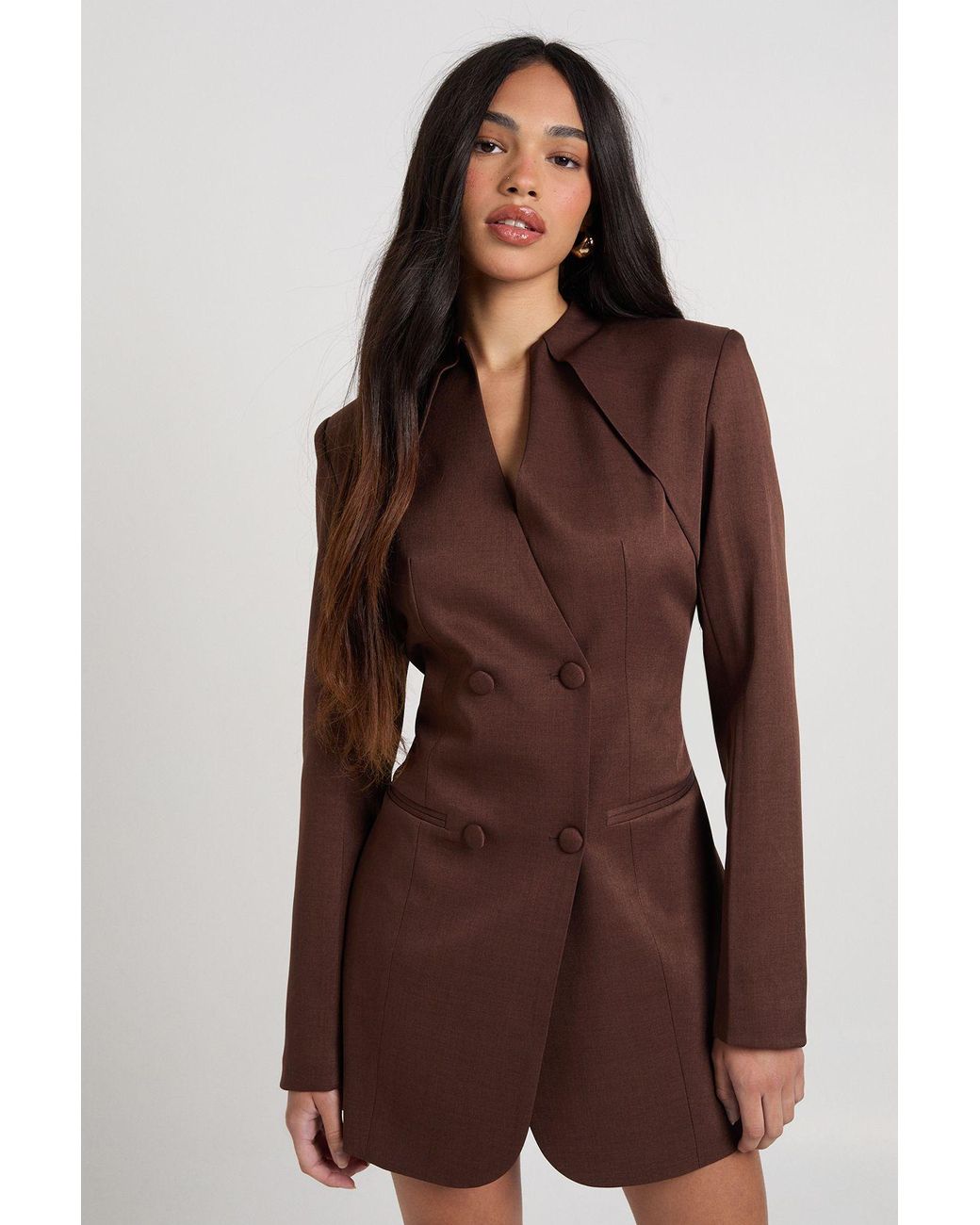 Boohoo Brown Collarless Button Front Blazer Dress