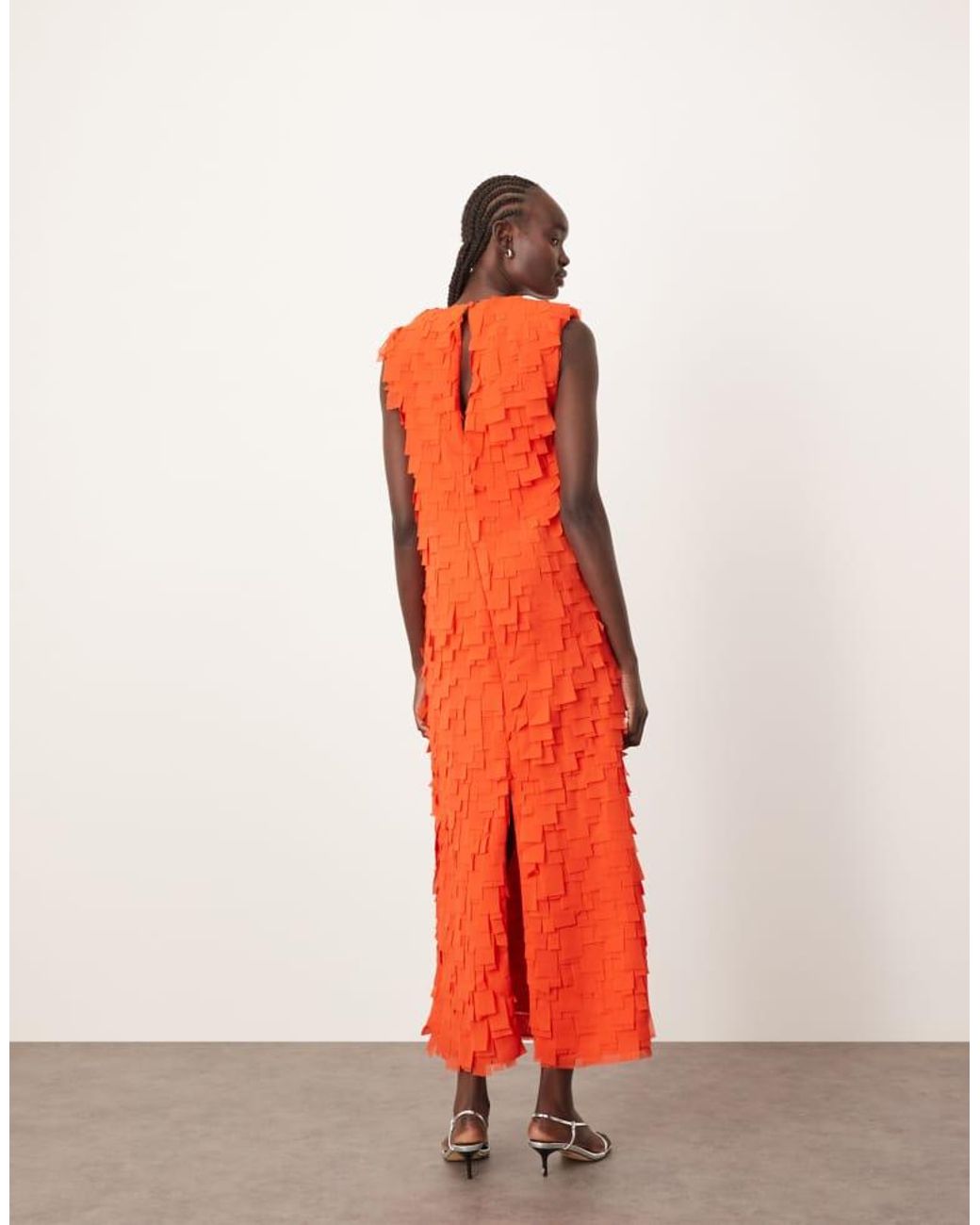ARRANGE Red Laser Cut Plunge Neckline Shoulder Pad Maxi Dress With Pockets