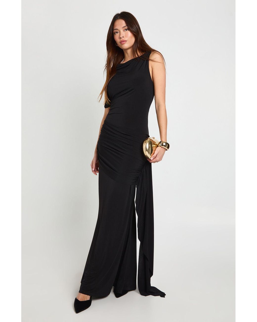 Boohoo Black Asymmetric Trim Detail Maxi Dress