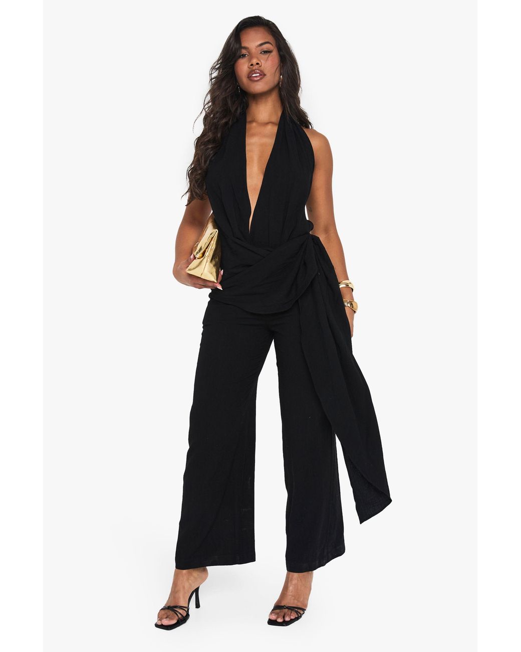 Boohoo Black Linen Look Drape Cowl Wrap Jumpsuit