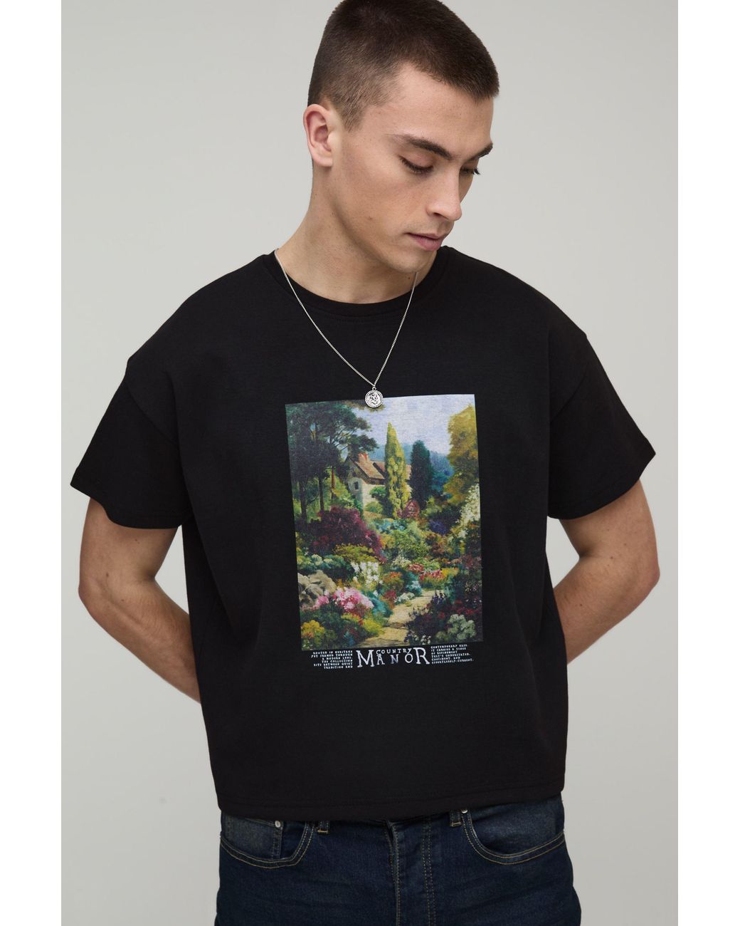 BoohooMAN Black Country Digital Print Oversized Cropped T-Shirt for men